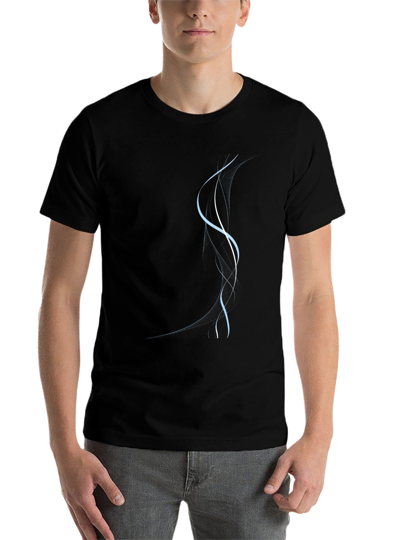 Black Men's Black T-Shirt with Abstract Blue Line Design view 7