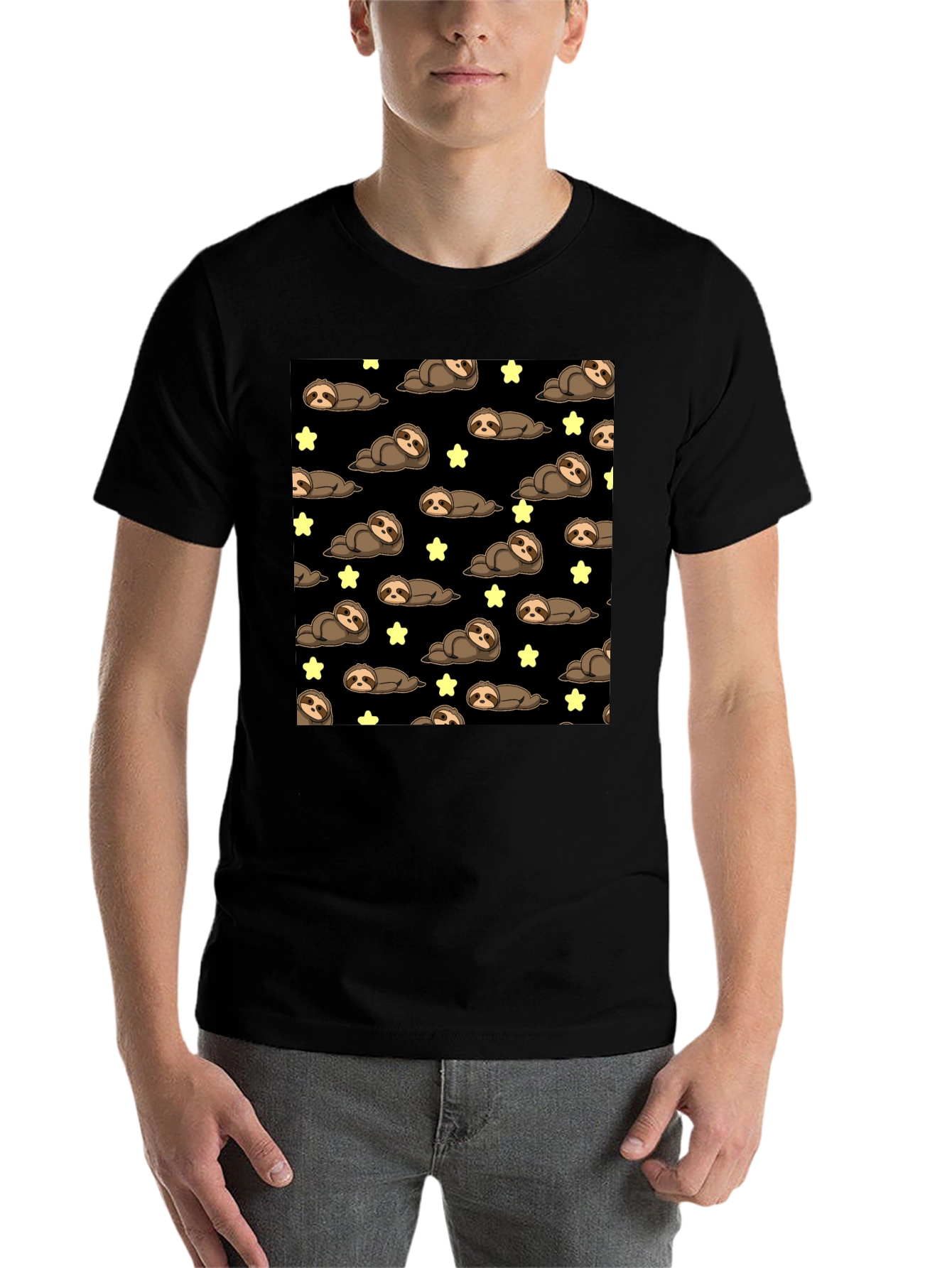Black Cute Sloth Starry Night T-Shirt view 7
