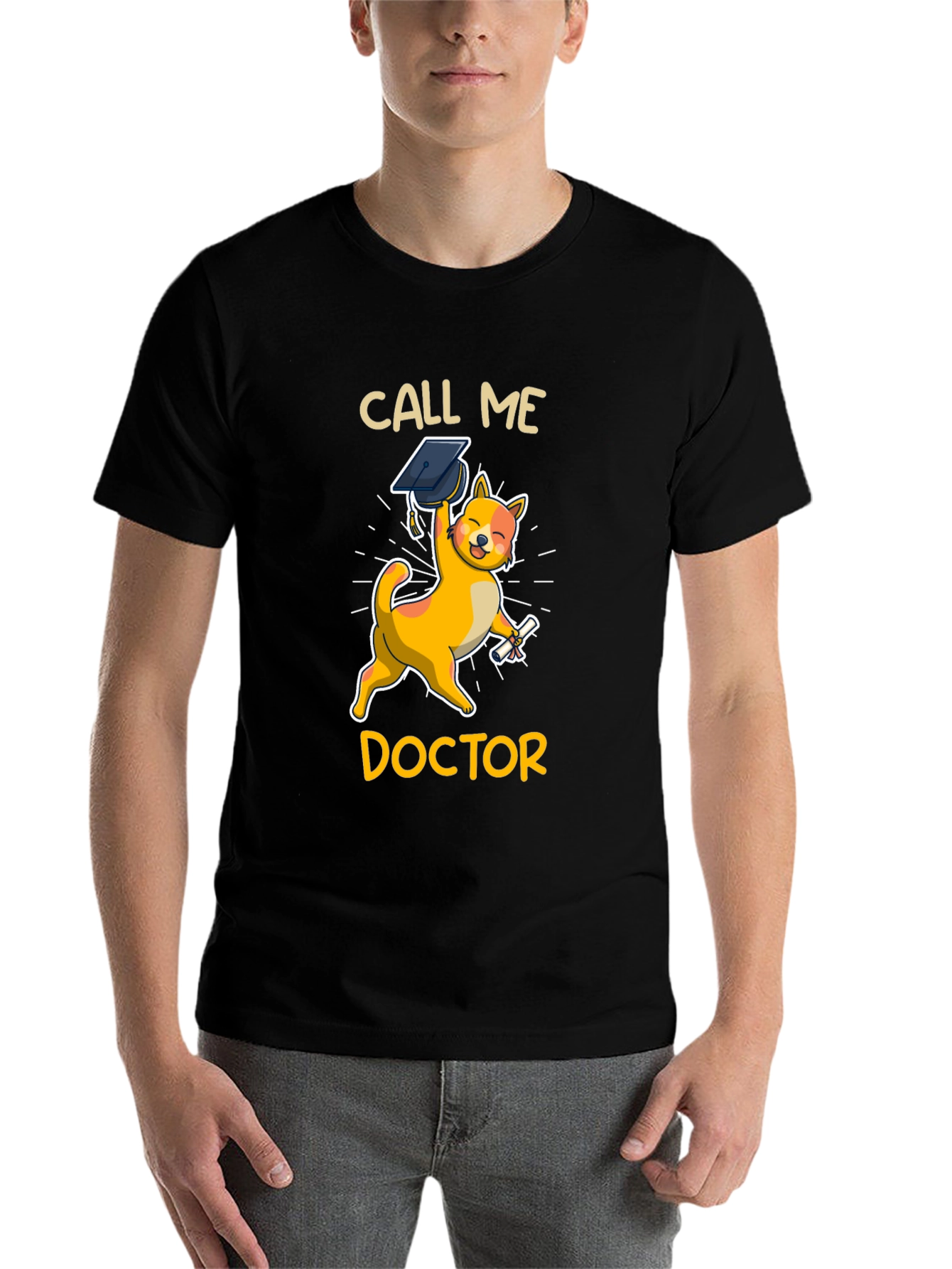 Black Call Me Doctor Grad Cat T-Shirt view 7