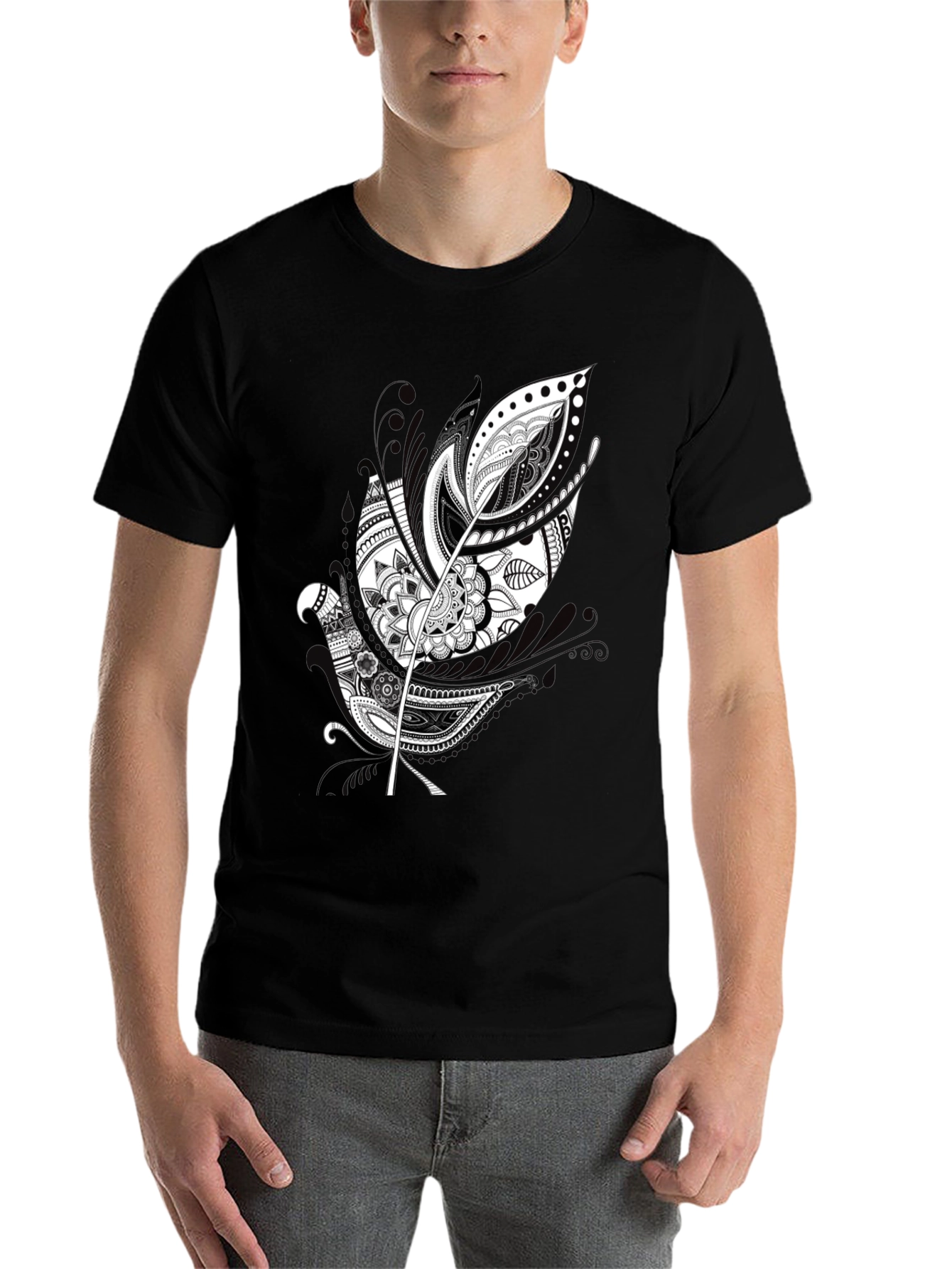 Black Black Graphic Tee - Feather Mandala Design view 7