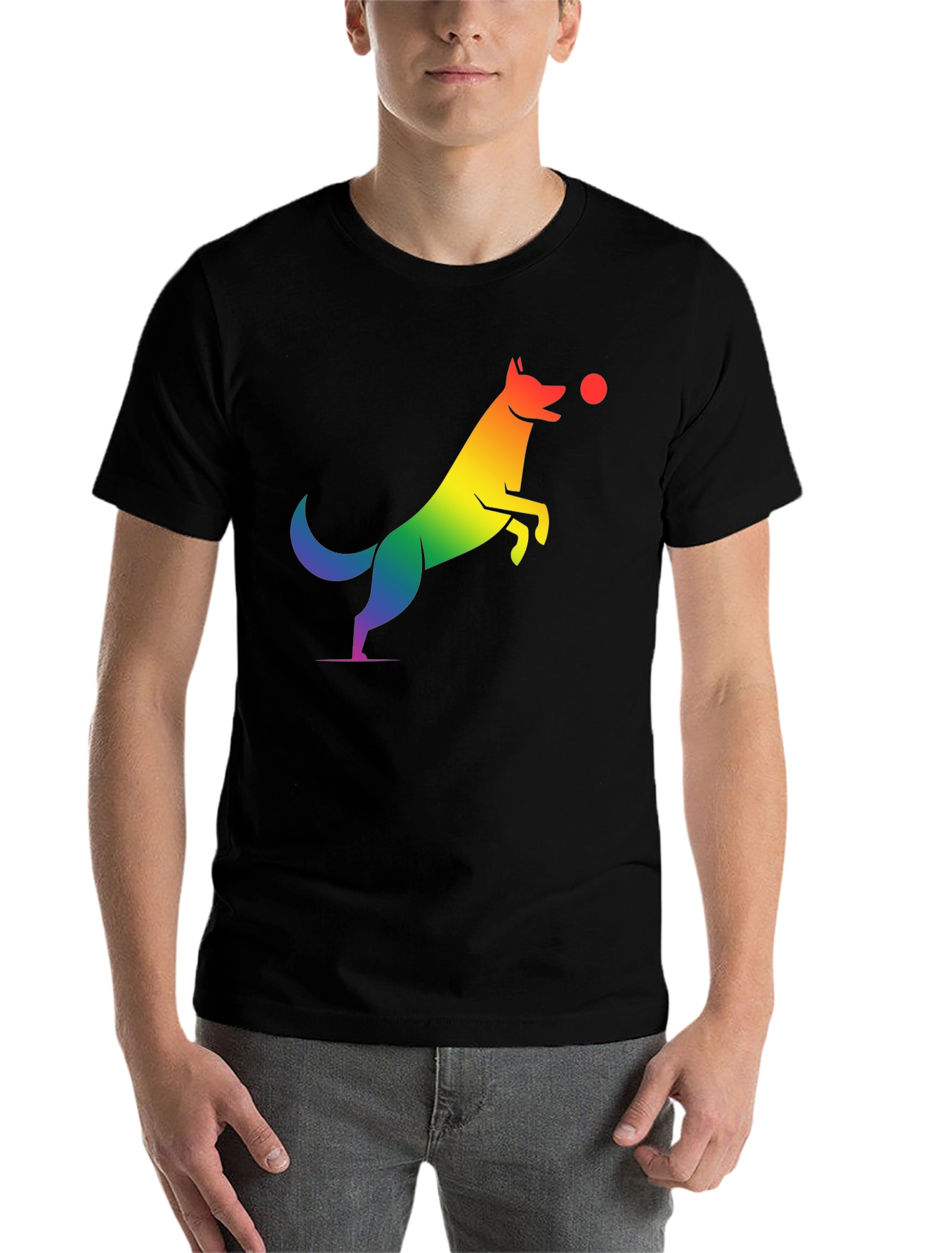 Black Rainbow Dog Catching Ball Graphic T-Shirt view 7