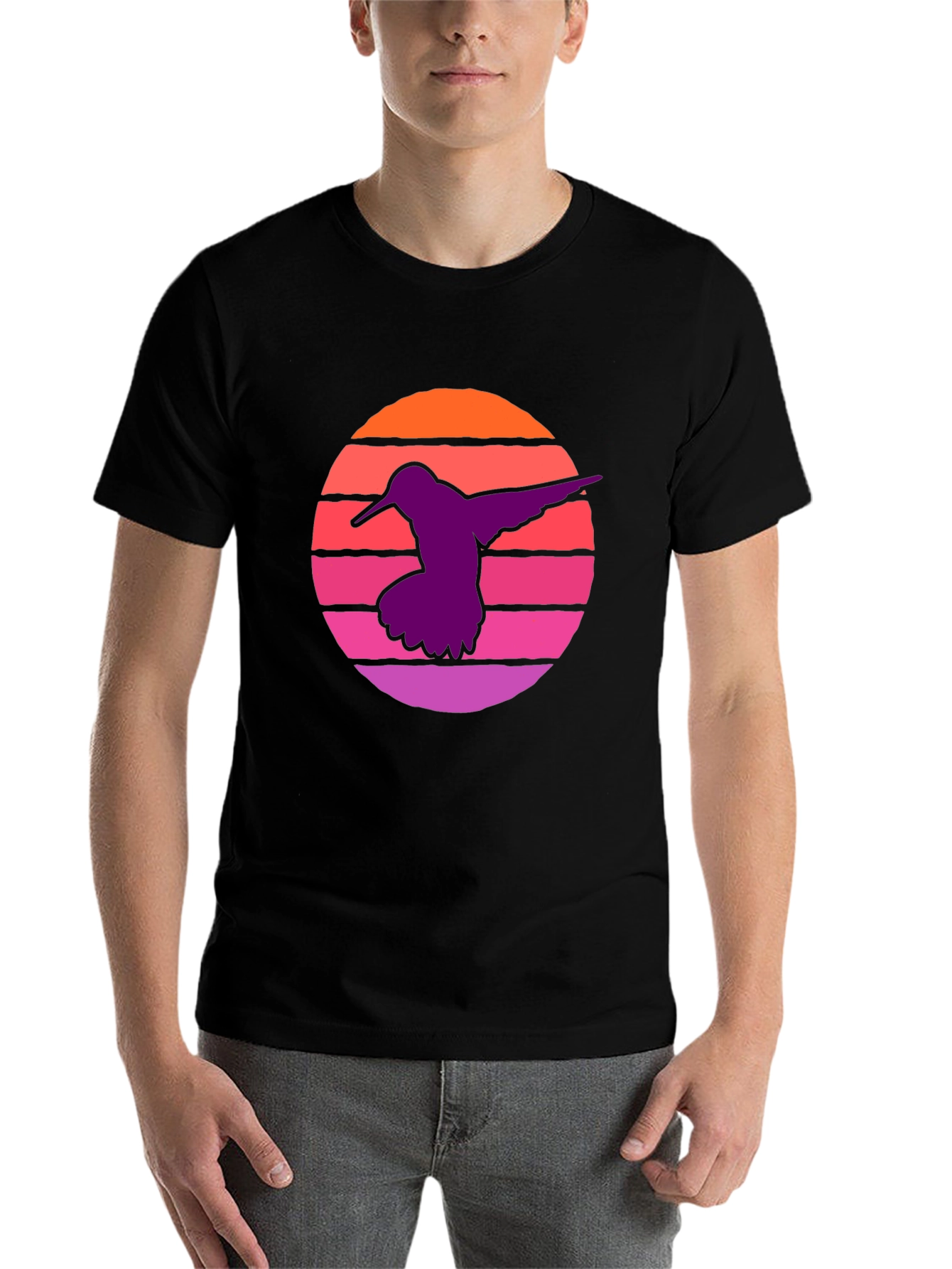 Black Hummingbird Sunset T-Shirt - Retro Style Black Tee view 7