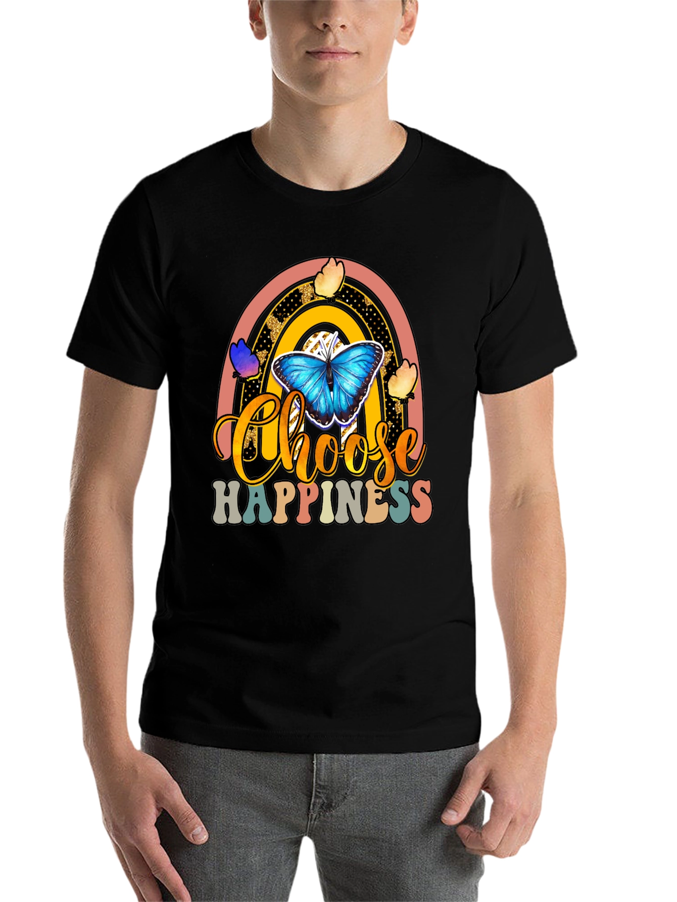 Black Choose Happiness T-Shirt - Butterfly Rainbow Design view 7
