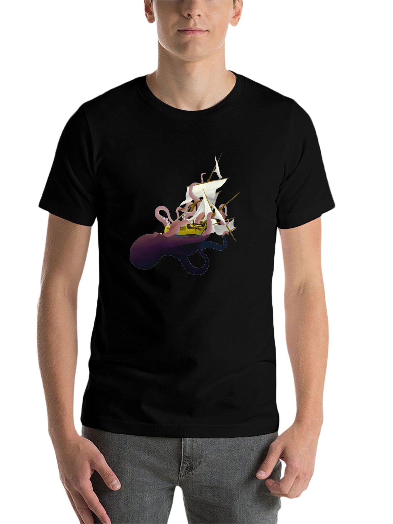 Black Octopus Ship Black T-Shirt - Unique Kraken Graphic Tee view 7