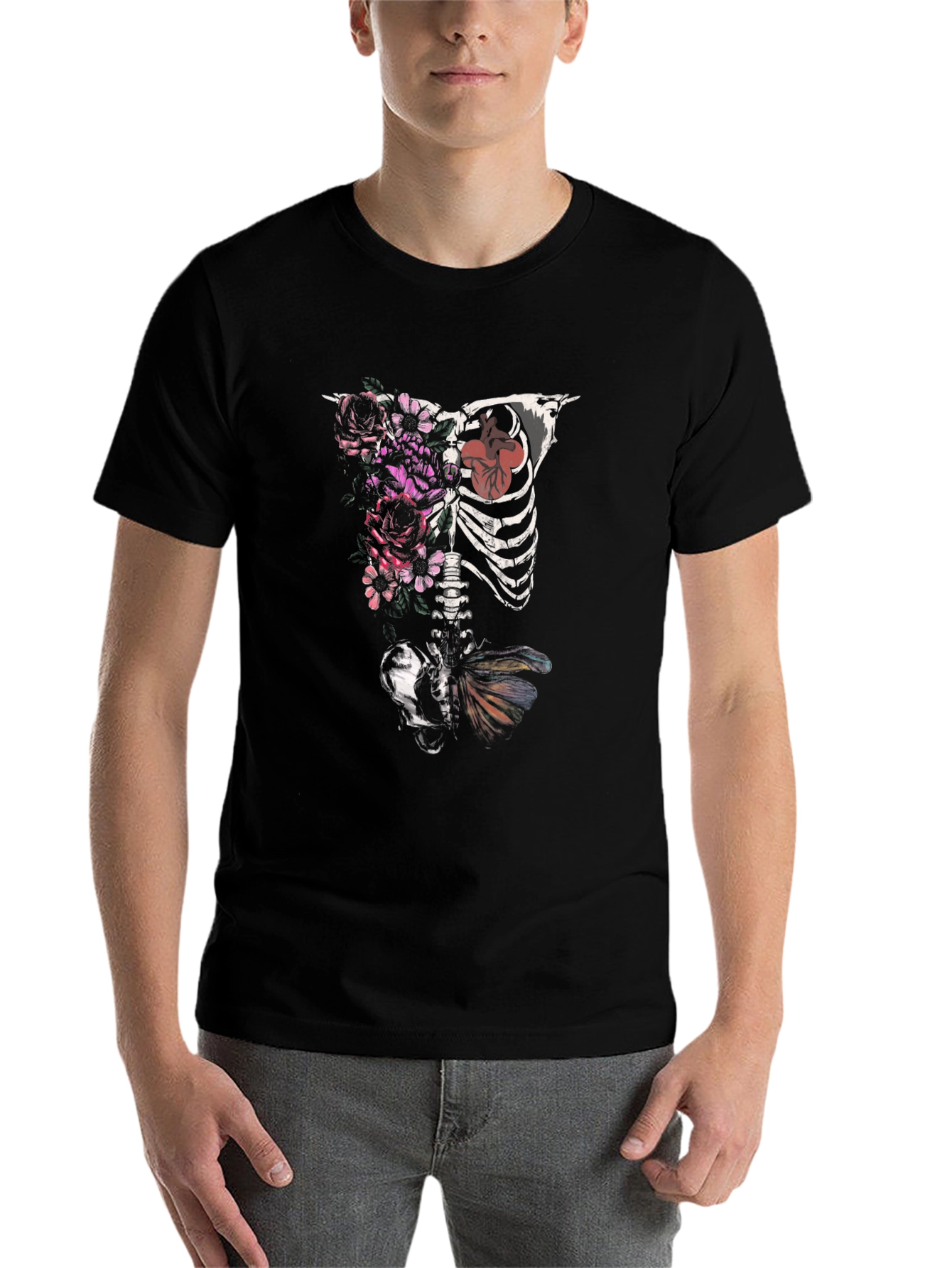Black Floral Skeleton Graphic T-Shirt - Unique Design Tee view 7