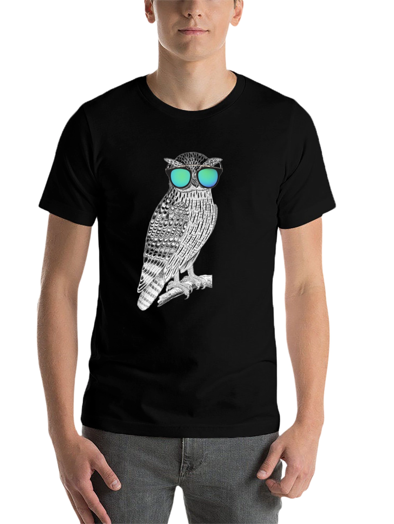 Black Cool Owl Graphic Tee - Black Cotton Blend view 7