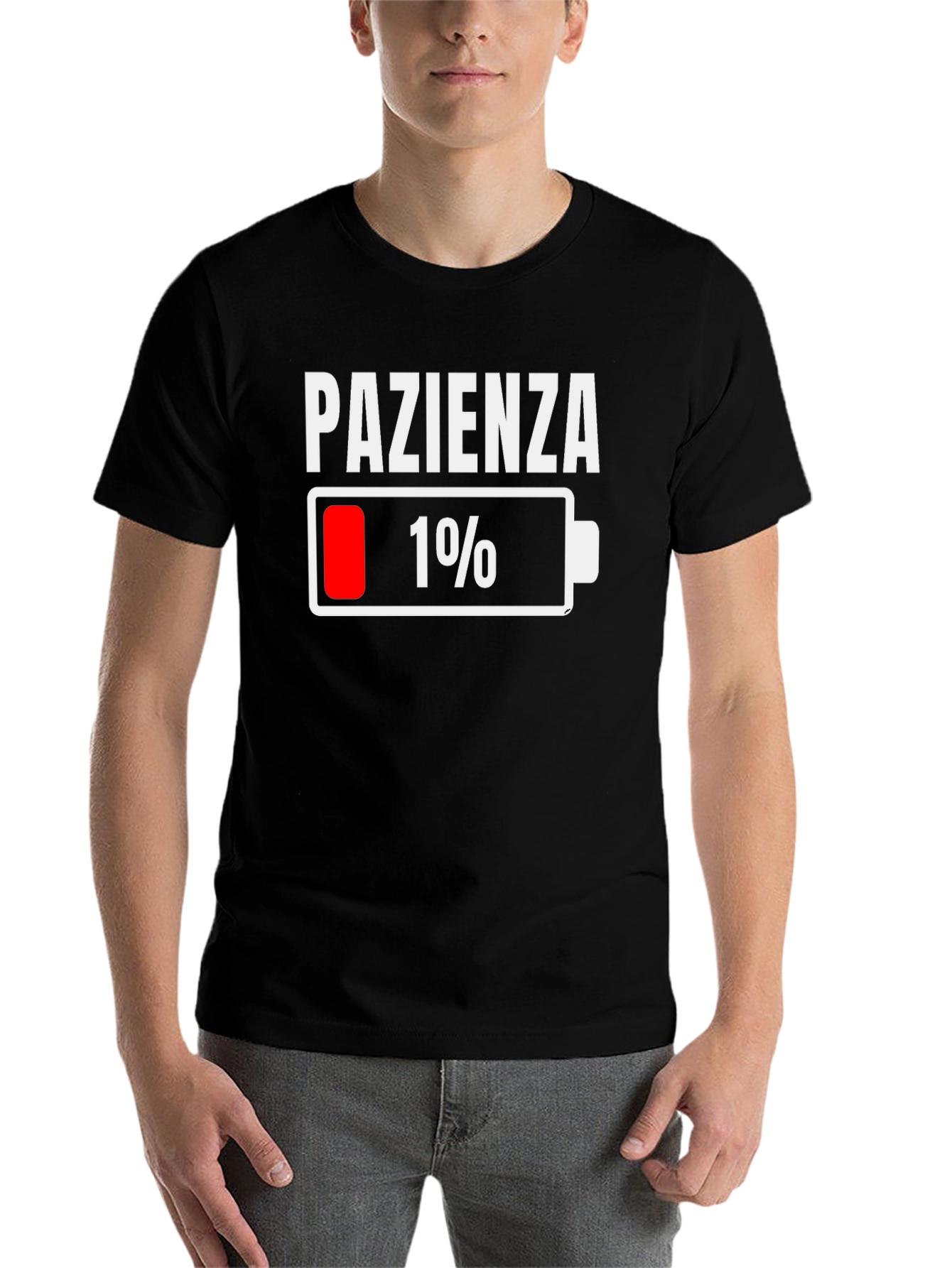 Black Pazienza Low Battery Funny Graphic T-Shirt view 7