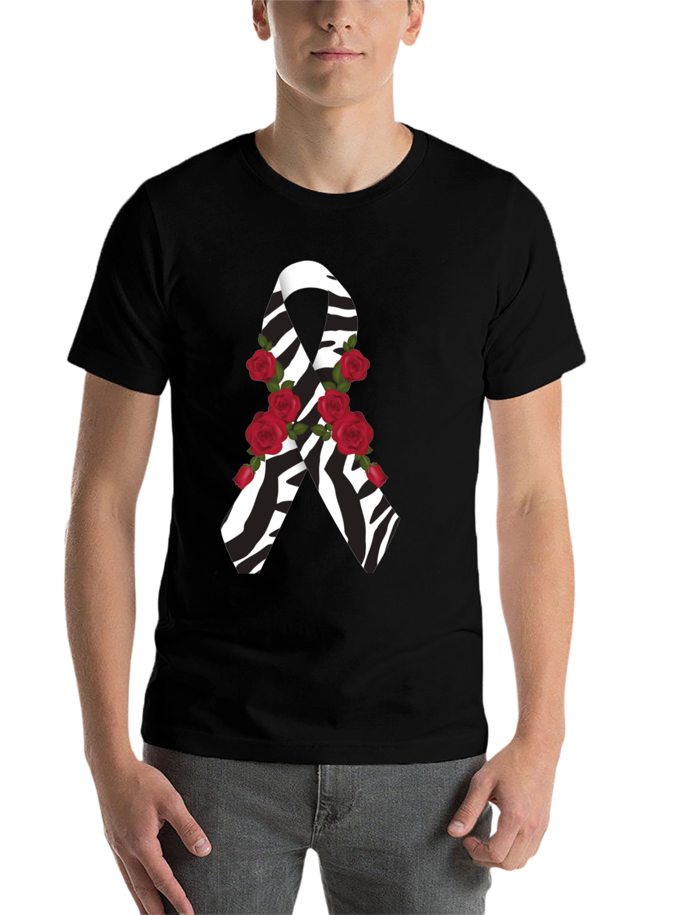Black Zebra Stripe Awareness Ribbon Rose Graphic Tee view 7