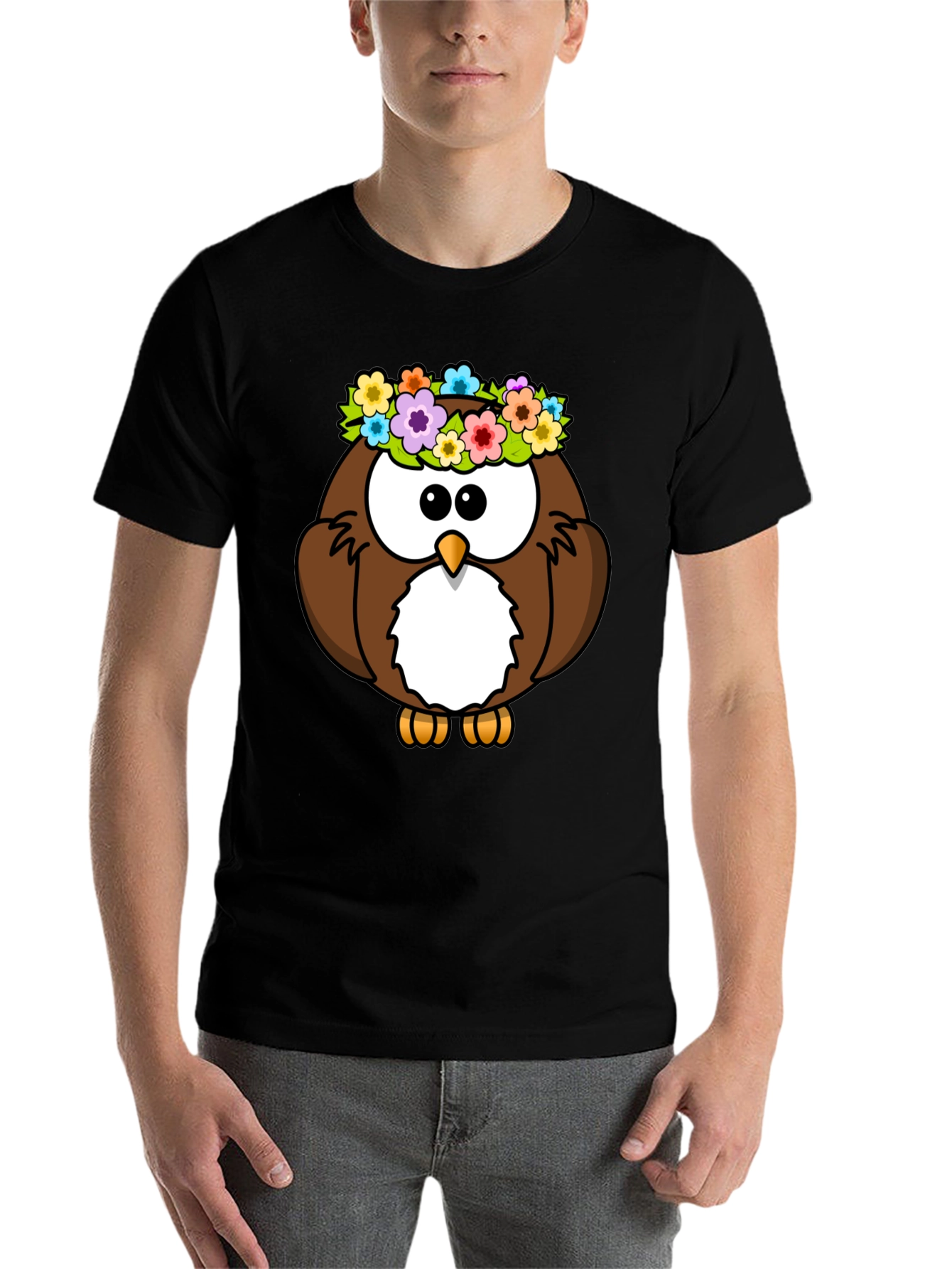 Black Cute Owl with Flowers Graphic Tee - Black Unisex T-Shirt view 7
