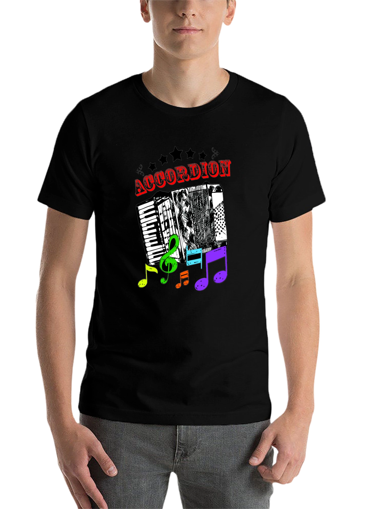 Black Accordion & Music Notes Graphic T-Shirt - Unisex view 7