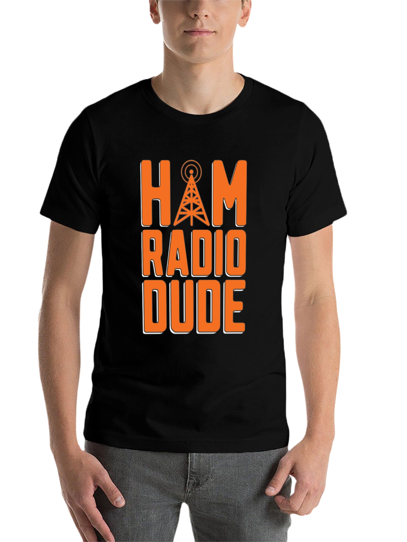 Black Ham Radio Dude T-Shirt - Orange Radio Tower Design view 7