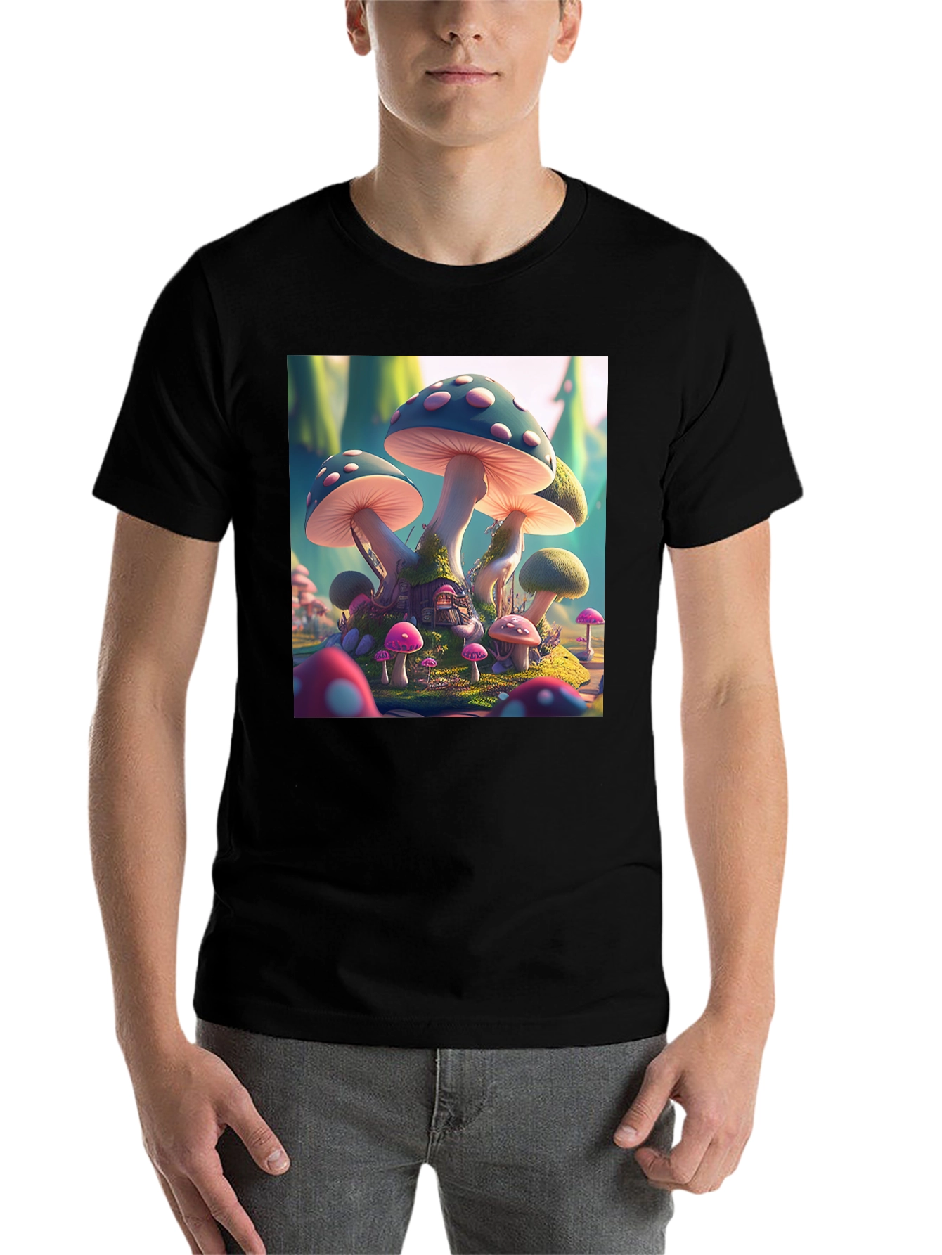 Black Magical Mushroom House T-Shirt view 7