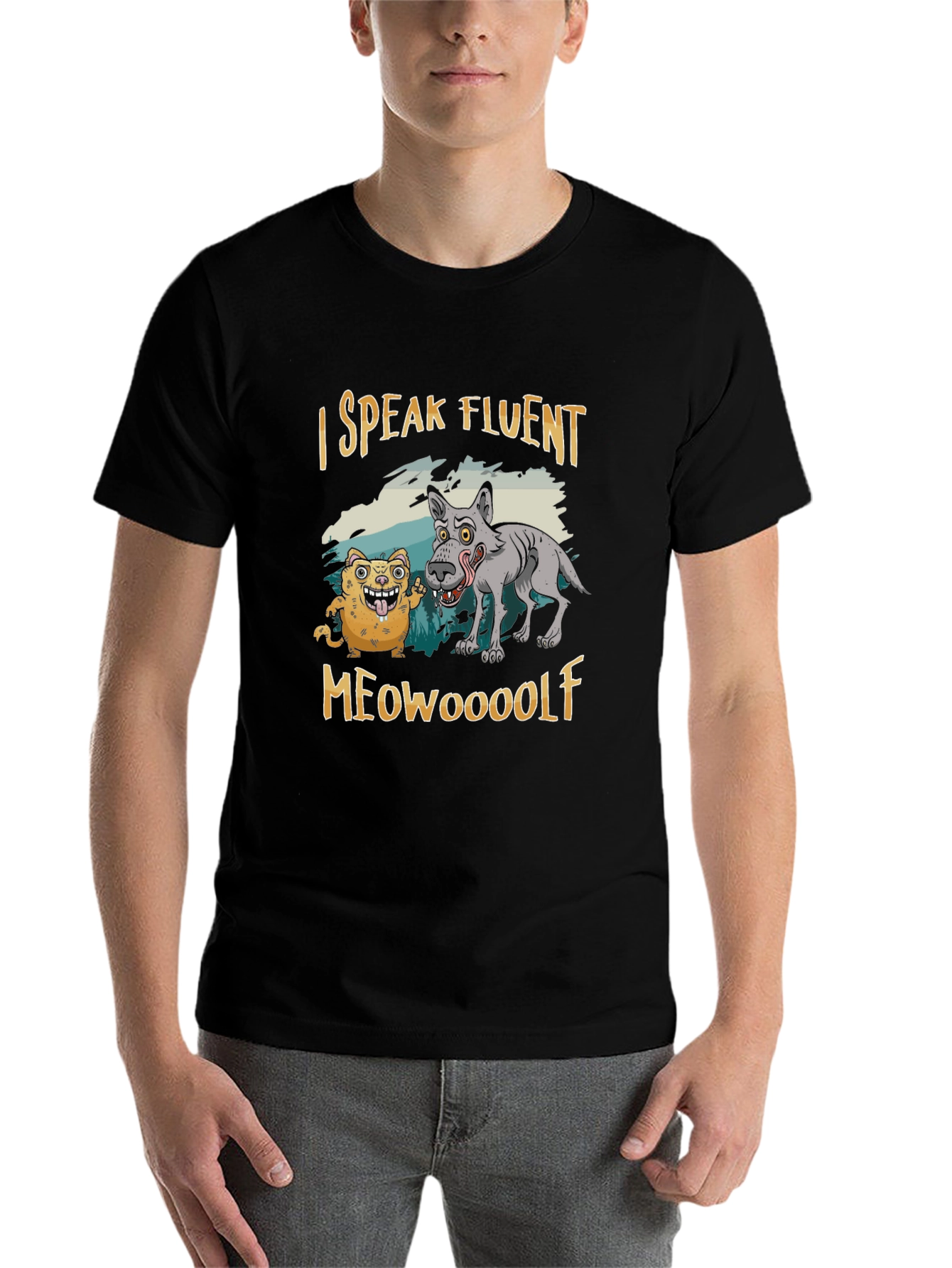 Black I Speak Fluent Meowooolf Funny Novelty T-Shirt view 7