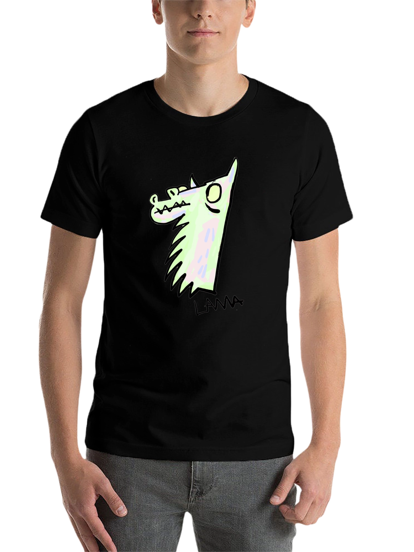 Black Llama Cartoon Graphic Print Black T-Shirt view 7