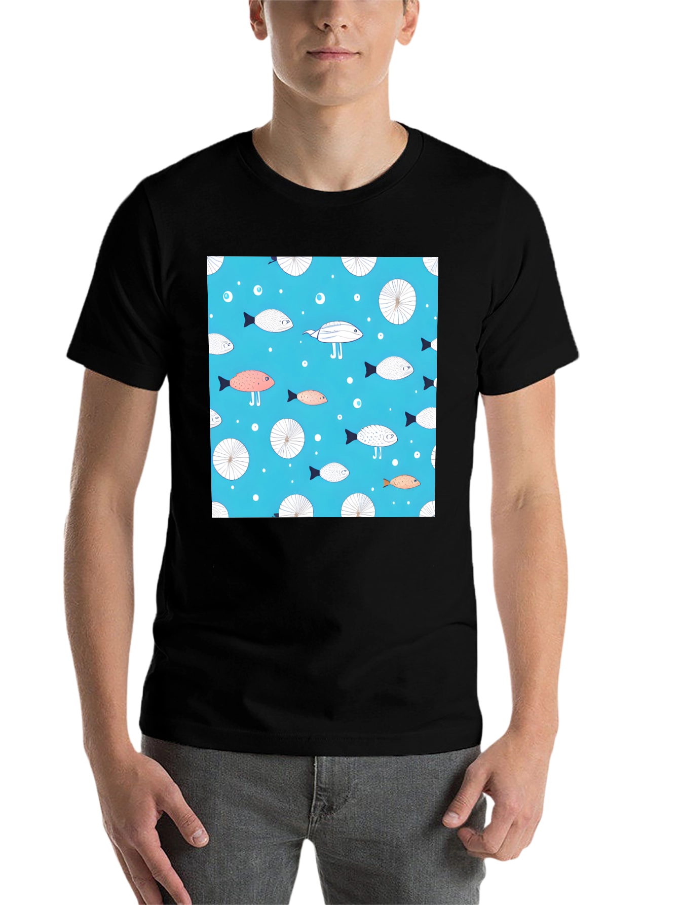 Black Fun Fish Pattern Tee - Unique Aquatic Design view 7