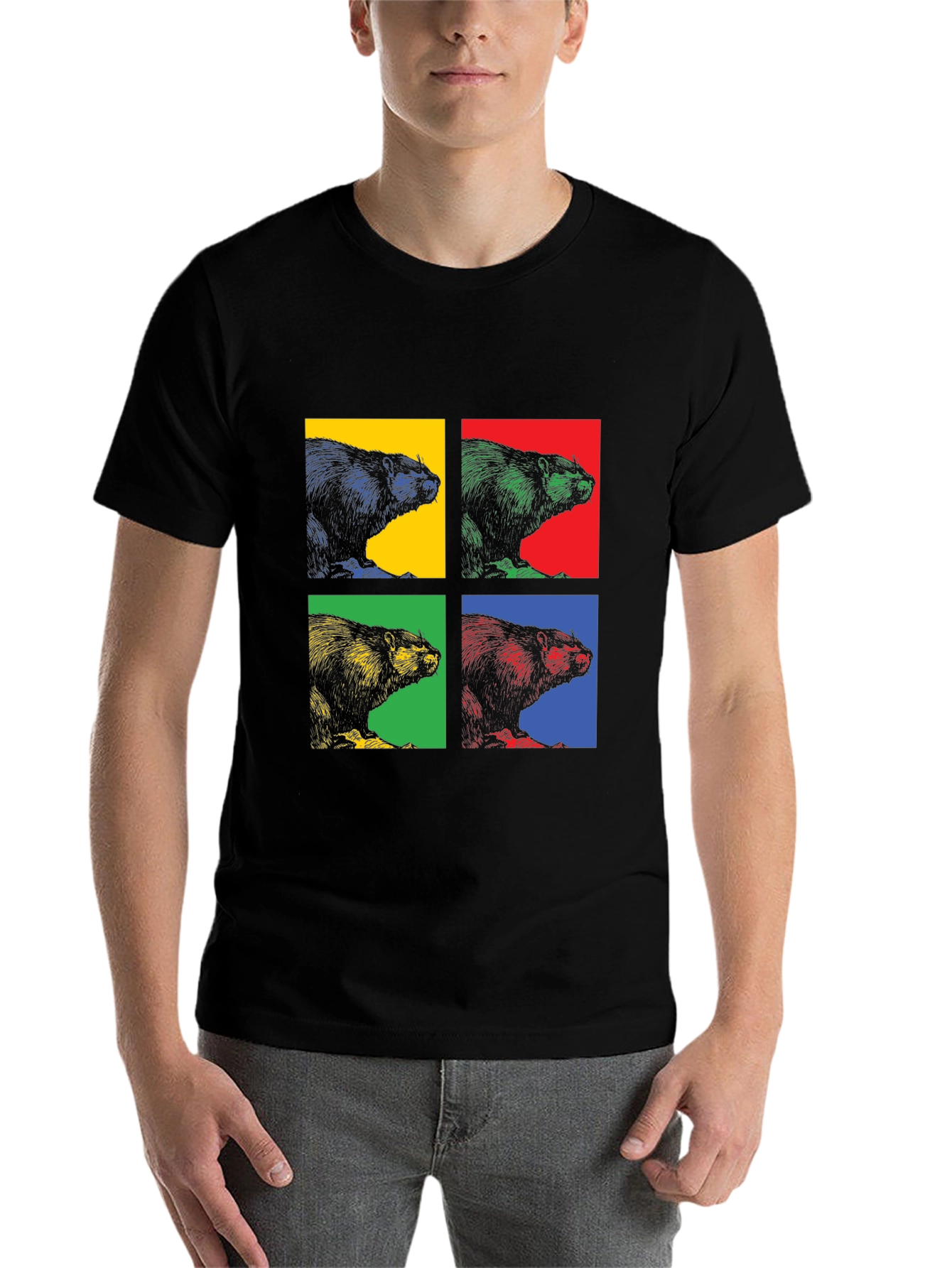 Black Retro Beaver Pop Art Graphic Tee - Black Cotton T-Shirt view 7
