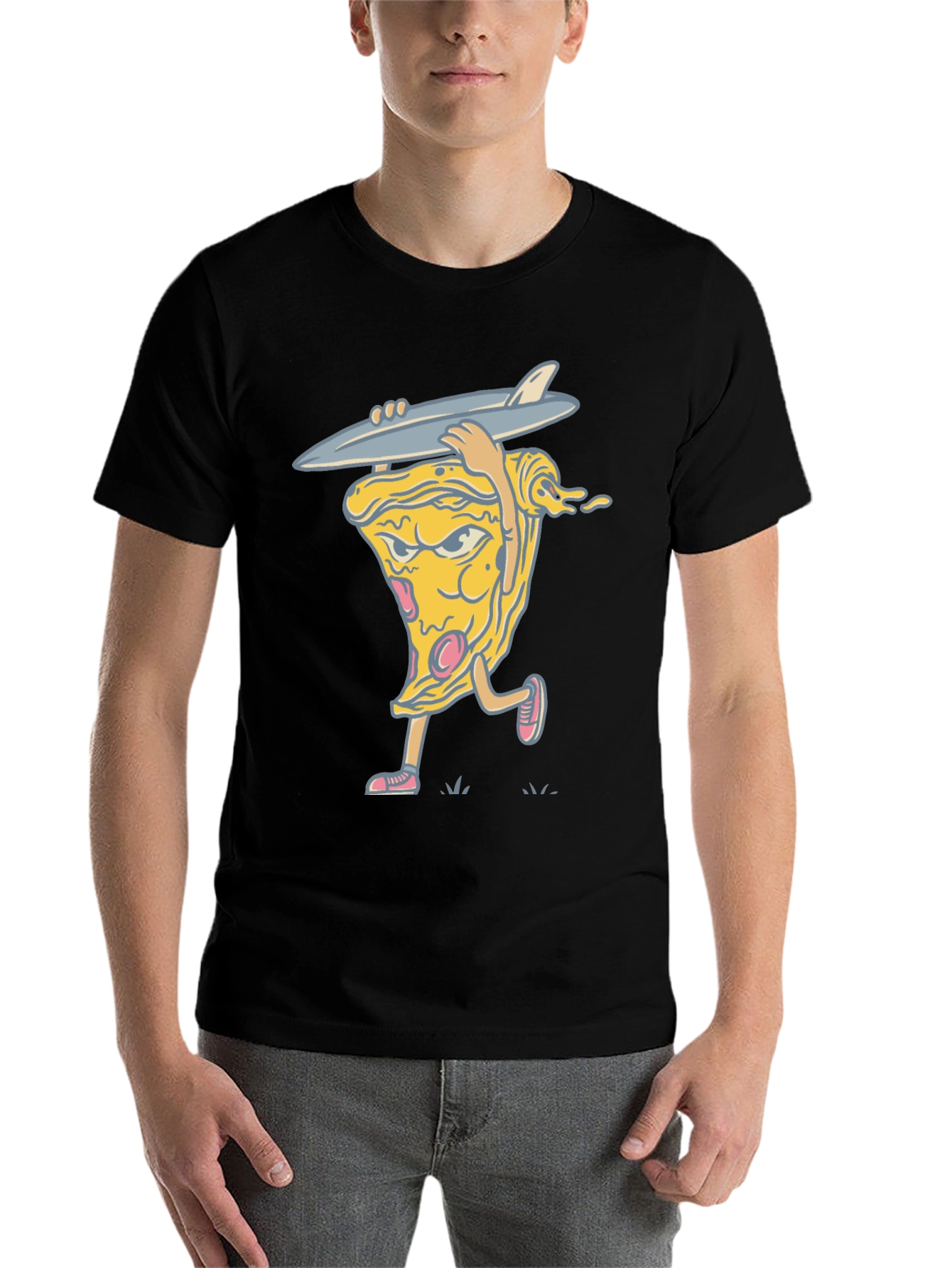 Black Pizza Surfer Graphic Tee - Cool Casual Wear view 7