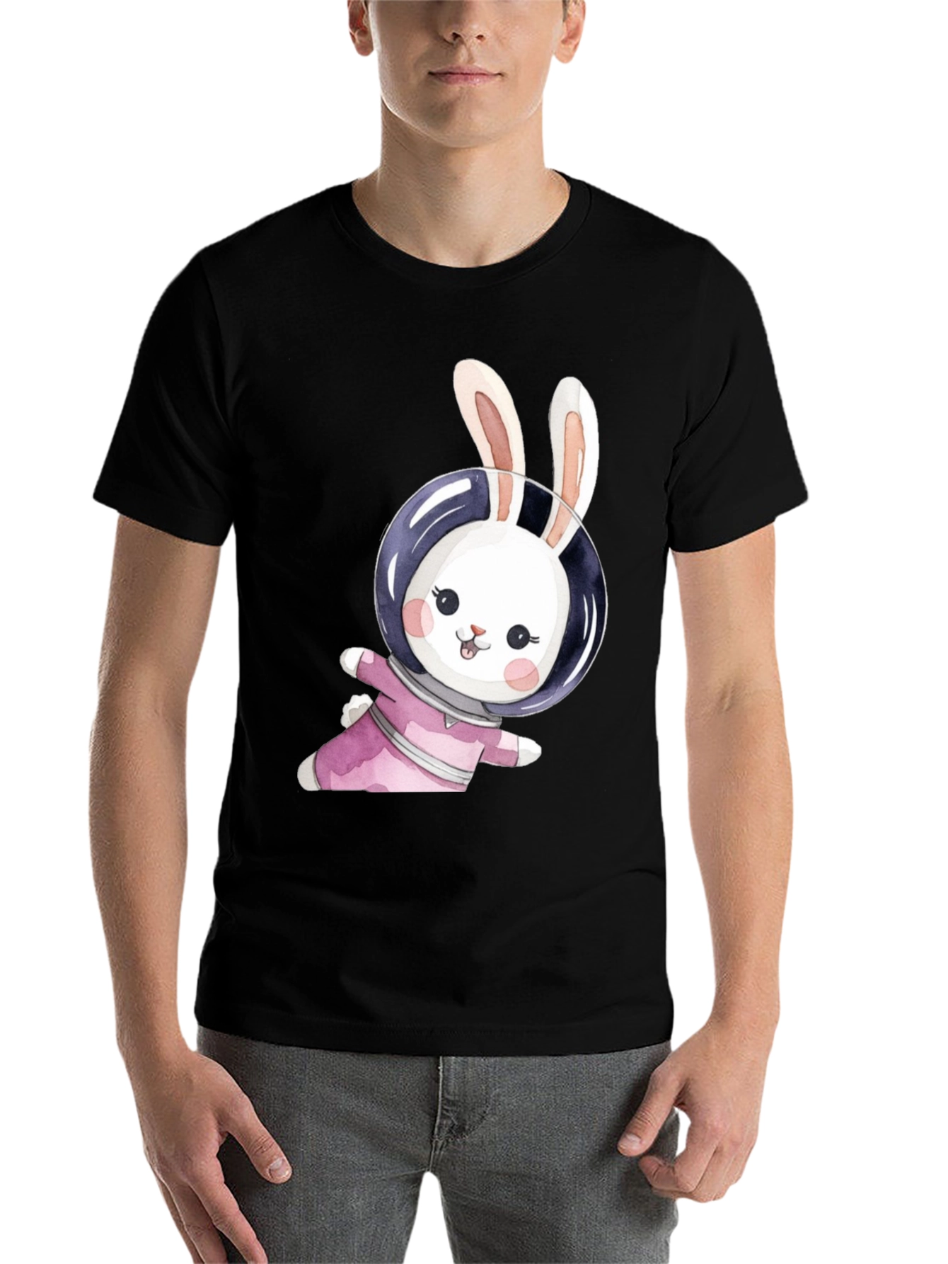 Black Cute Bunny Astronaut Black T-Shirt view 7
