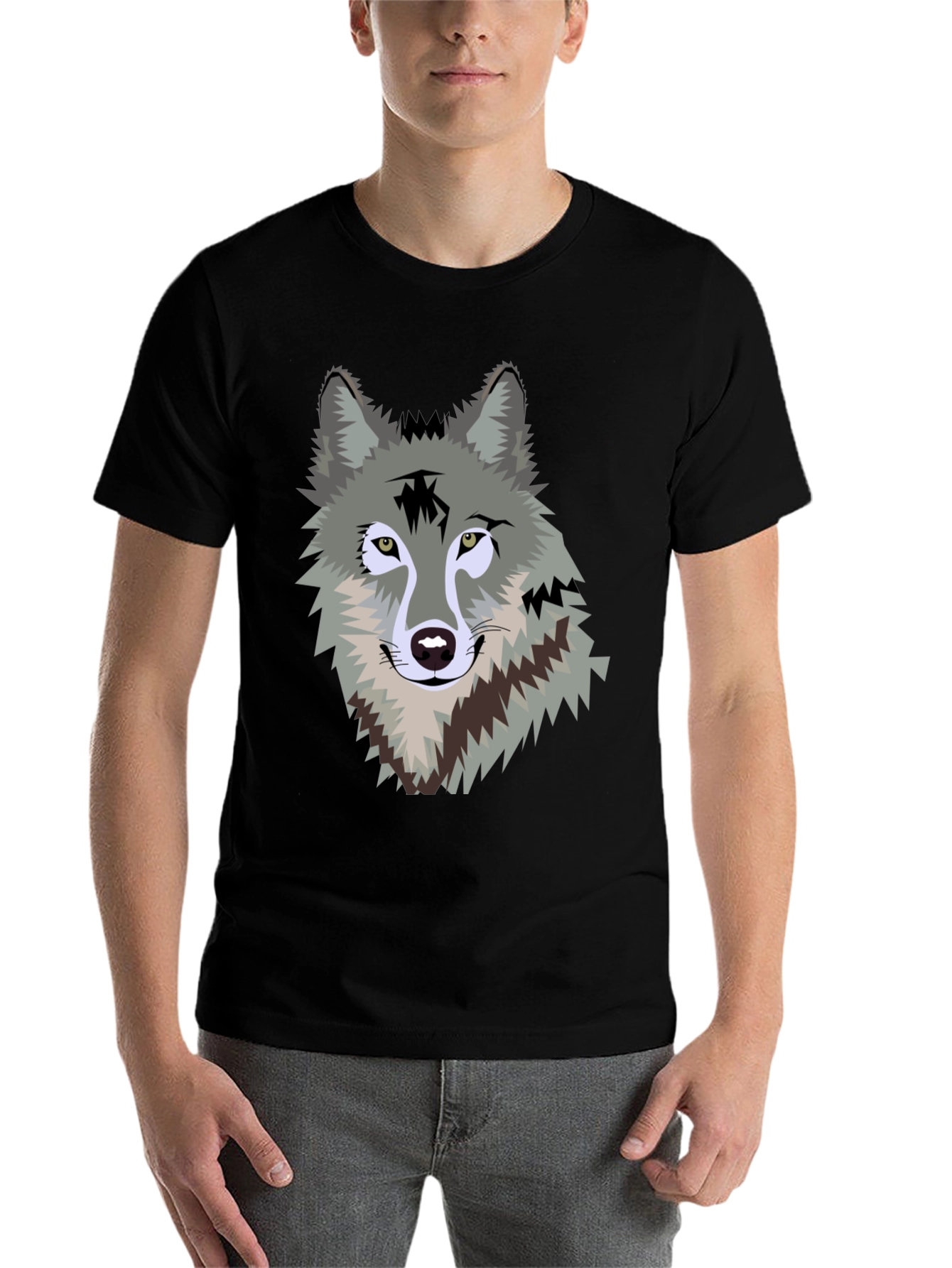 Black Men's Black T-Shirt with Wolf Graphic view 7
