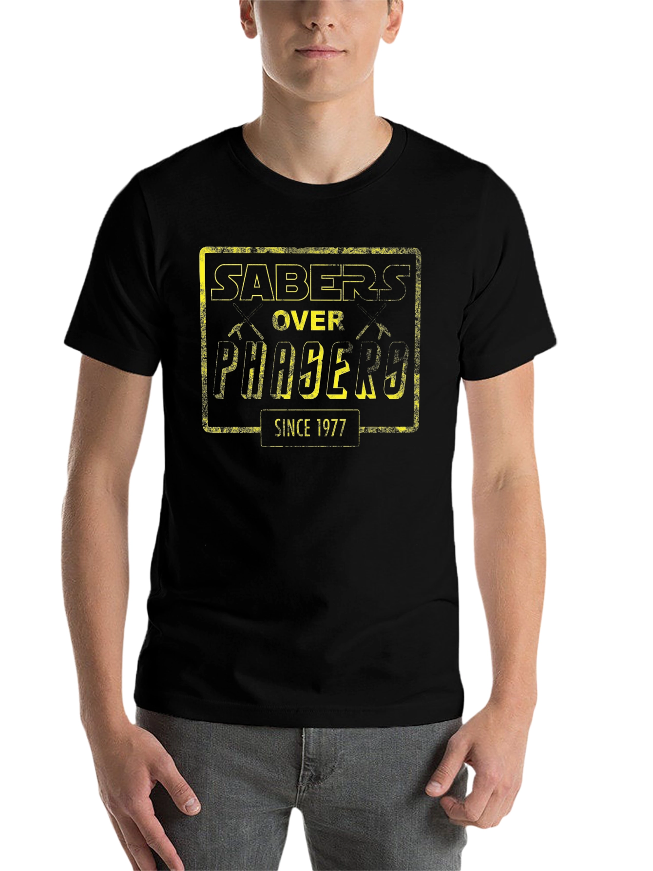 Black Sabers Over Phasers Since 1977 Black T-Shirt view 7