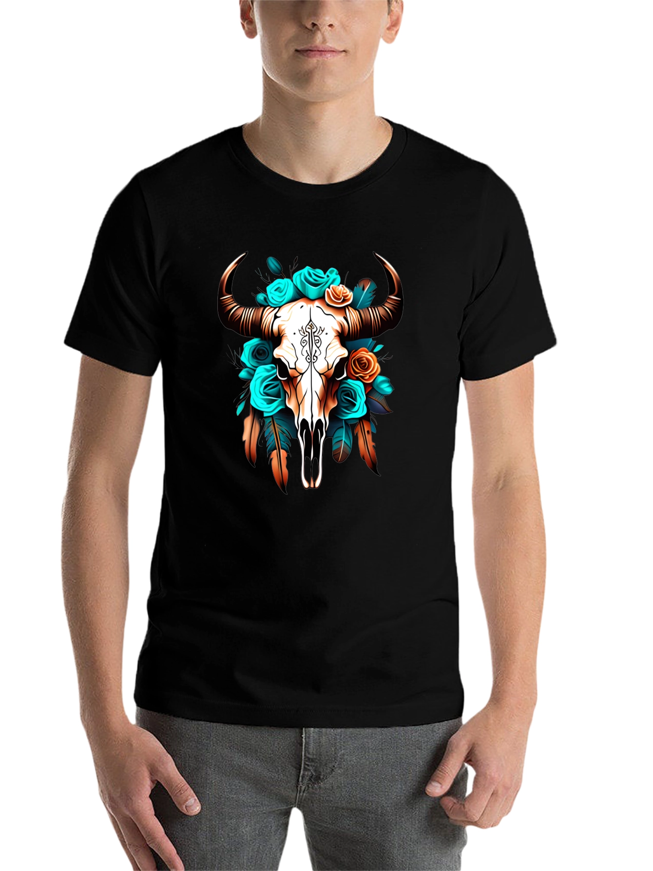 Black Floral Bull Skull Graphic Tee - Western Style view 7