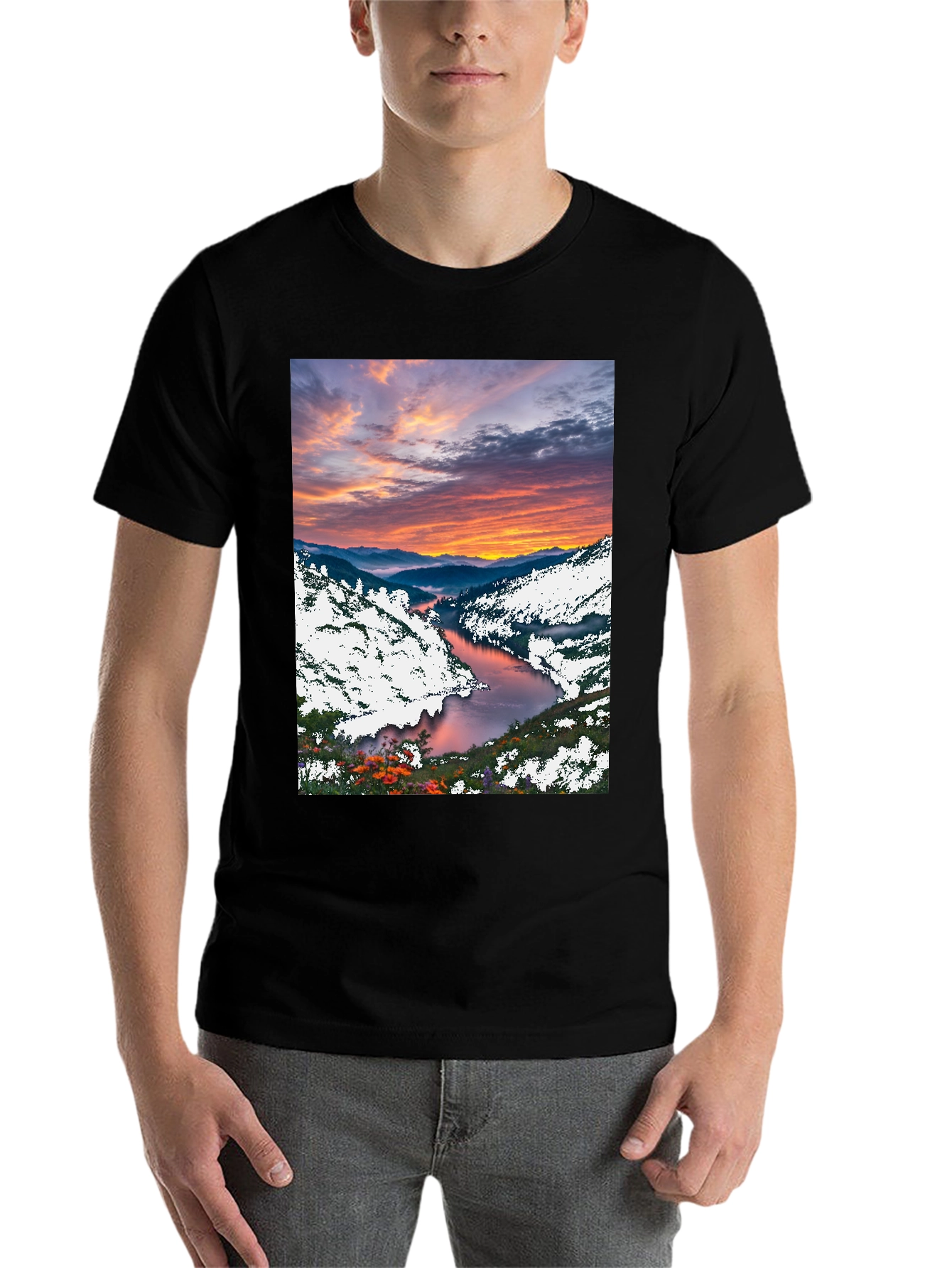 Black Scenic River Sunset T-Shirt view 7