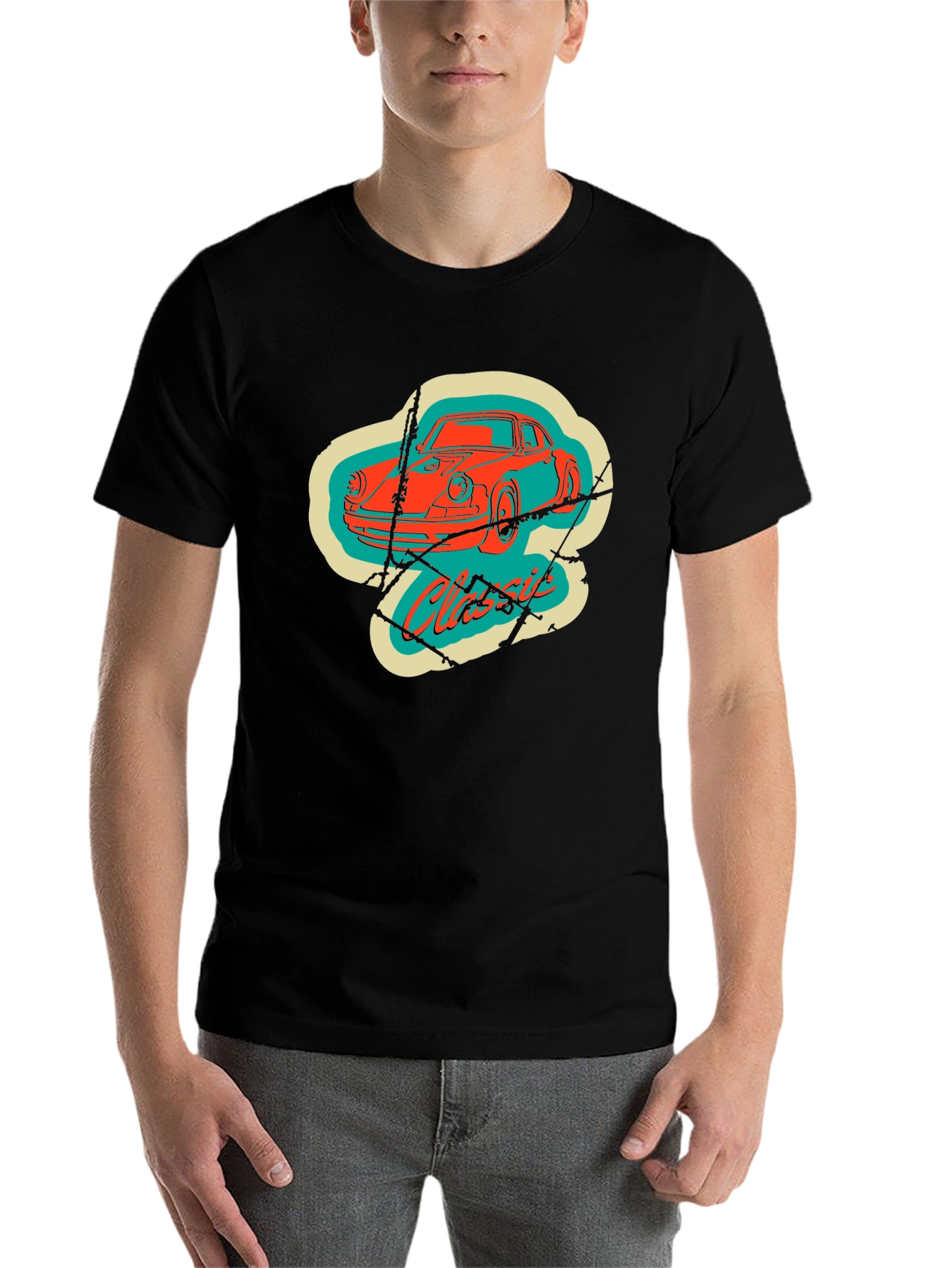 Black Classic Car Graphic Tee - Retro Style Black T-Shirt view 7