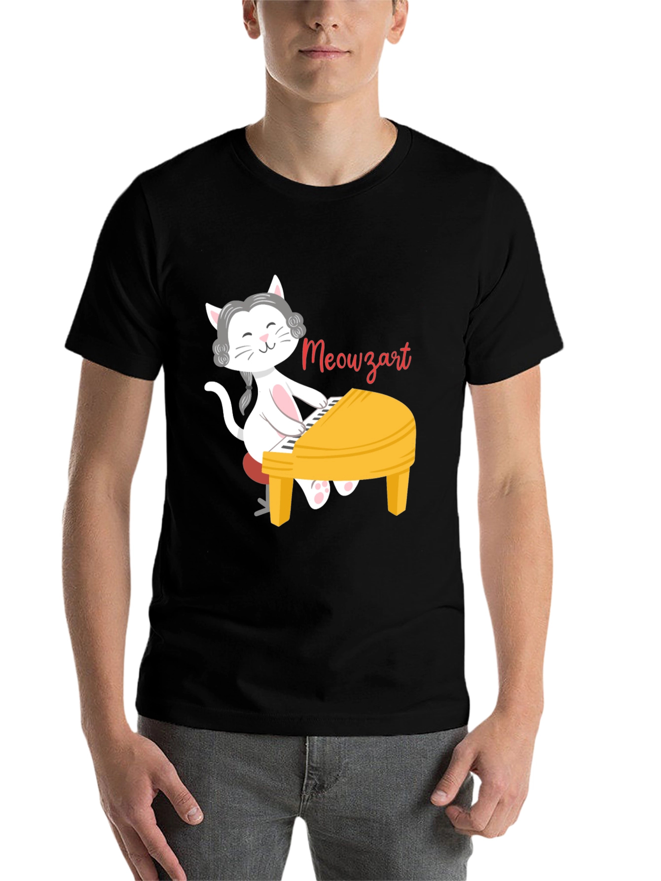 Black Meowzart Cat Playing Piano T-Shirt view 7