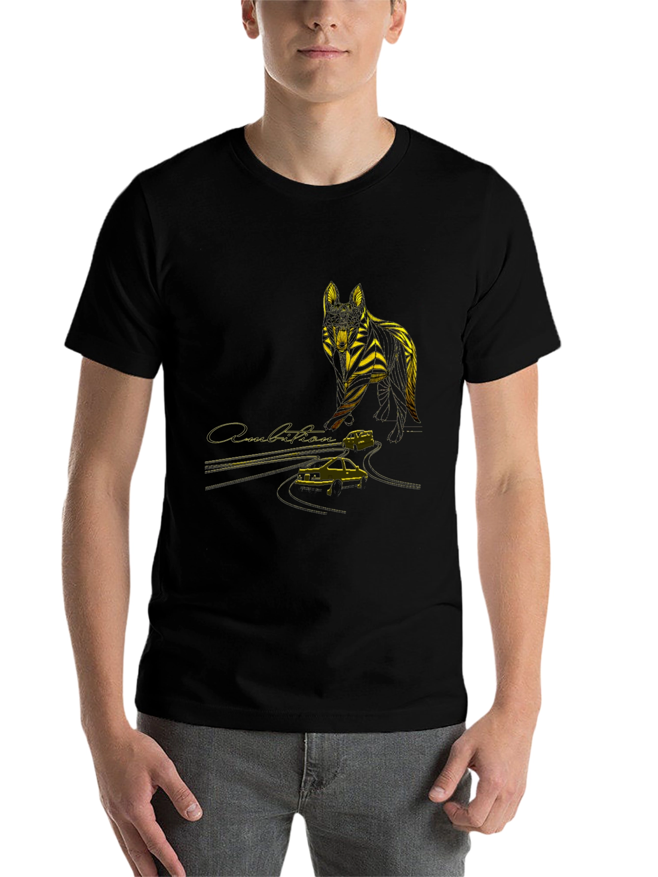 Black Wolf & Car Graphic T-Shirt - Stylish Black Tee view 7