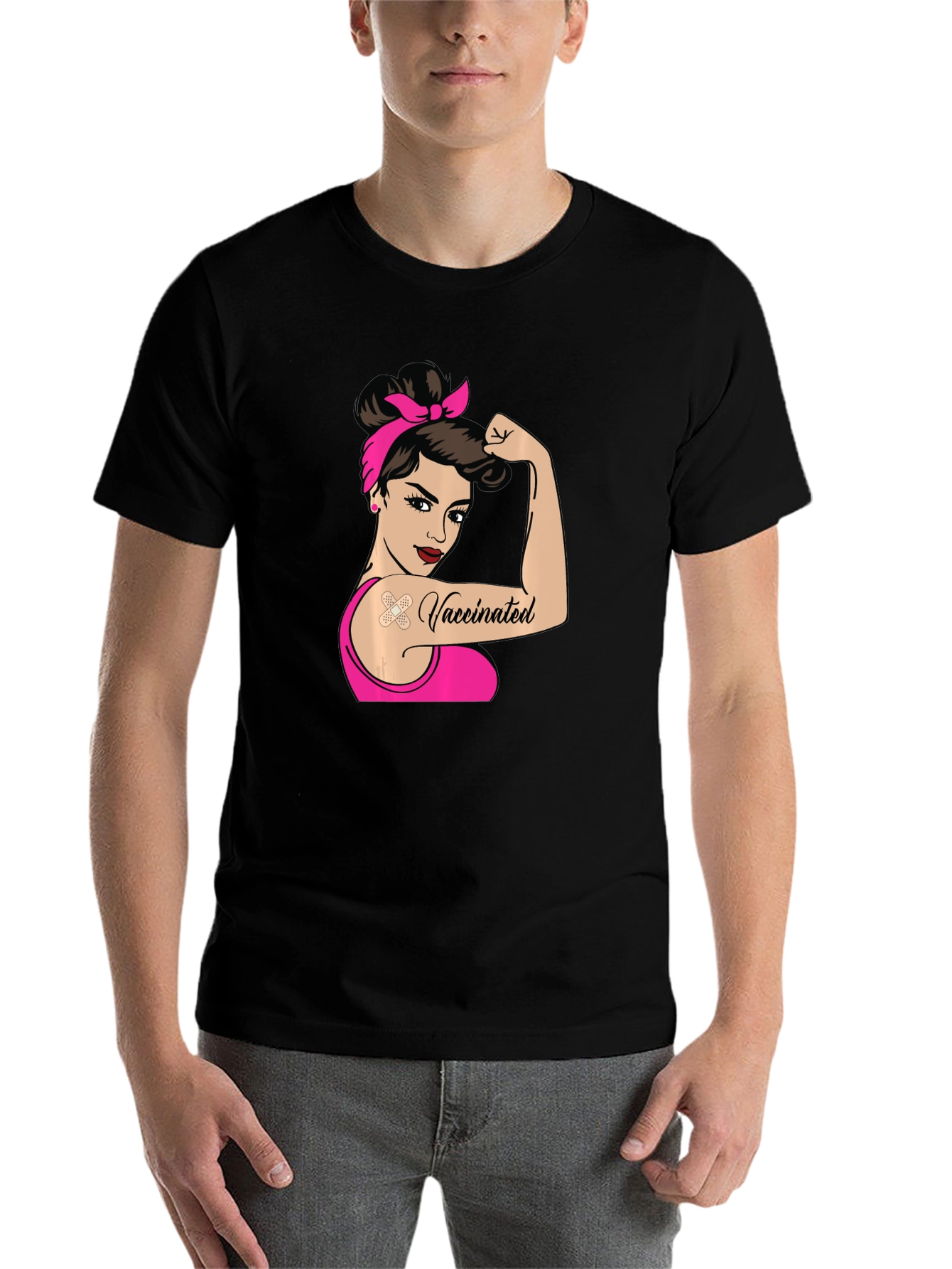 Black Vaccinated Woman T-Shirt - Black Crew Neck Tee view 7