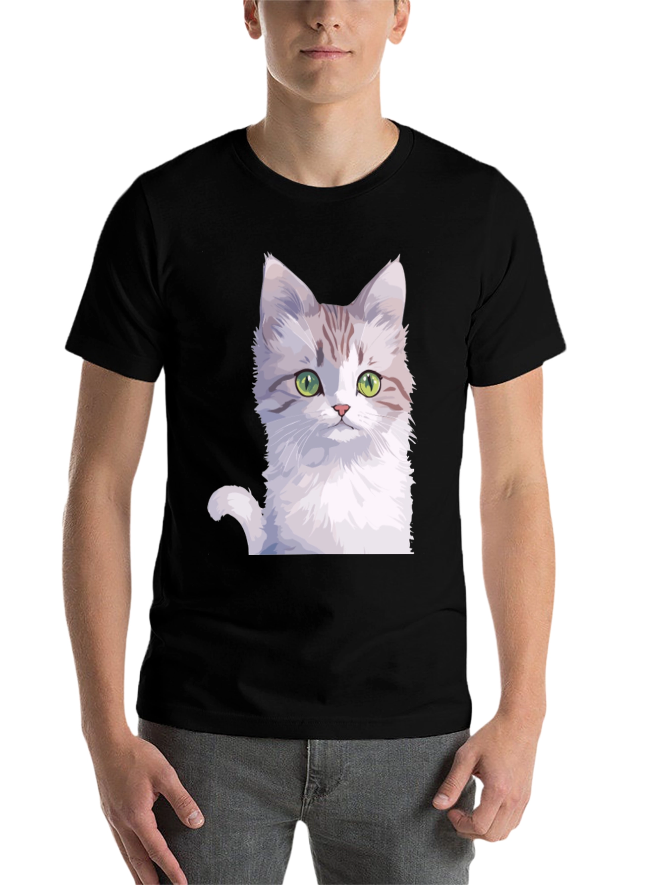 Black Cute Cat Graphic Tee - Black Cotton T-Shirt view 7
