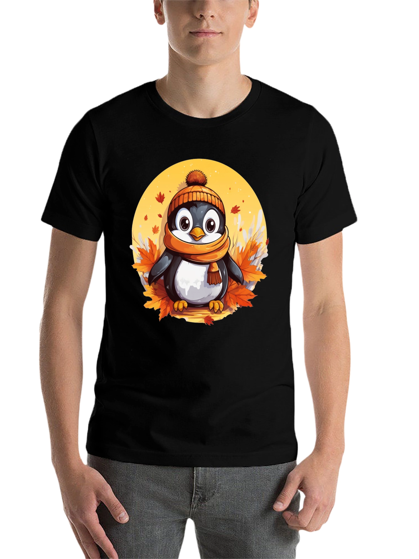 Black Cute Autumn Penguin Graphic Tee view 7