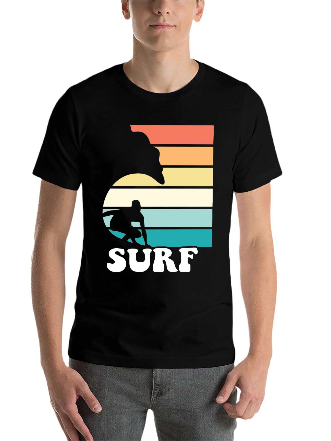 Black Retro Surf Graphic T-Shirt - Surfer Silhouette view 7