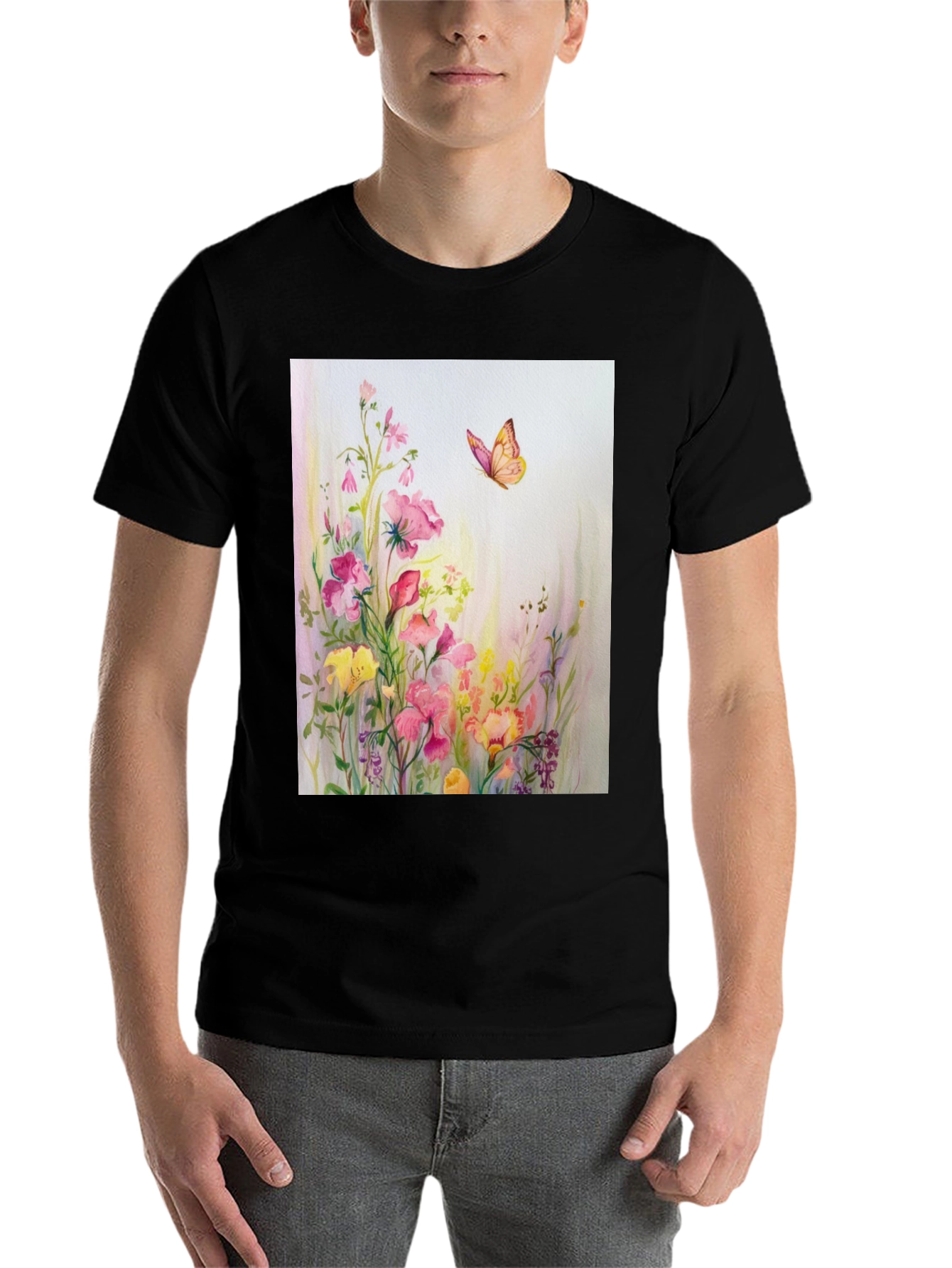 Black Floral Butterfly Print Black T-Shirt view 7