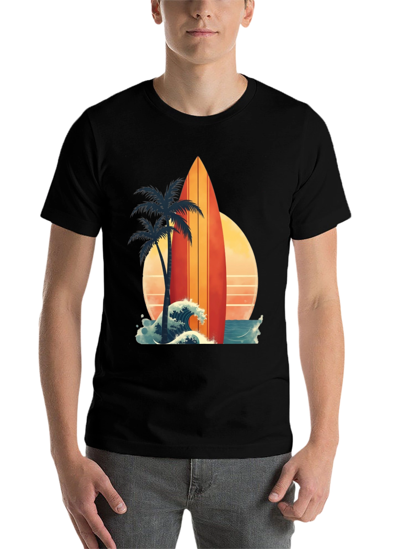 Black Retro Surfboard Palm Tee - Beach Vibes view 7