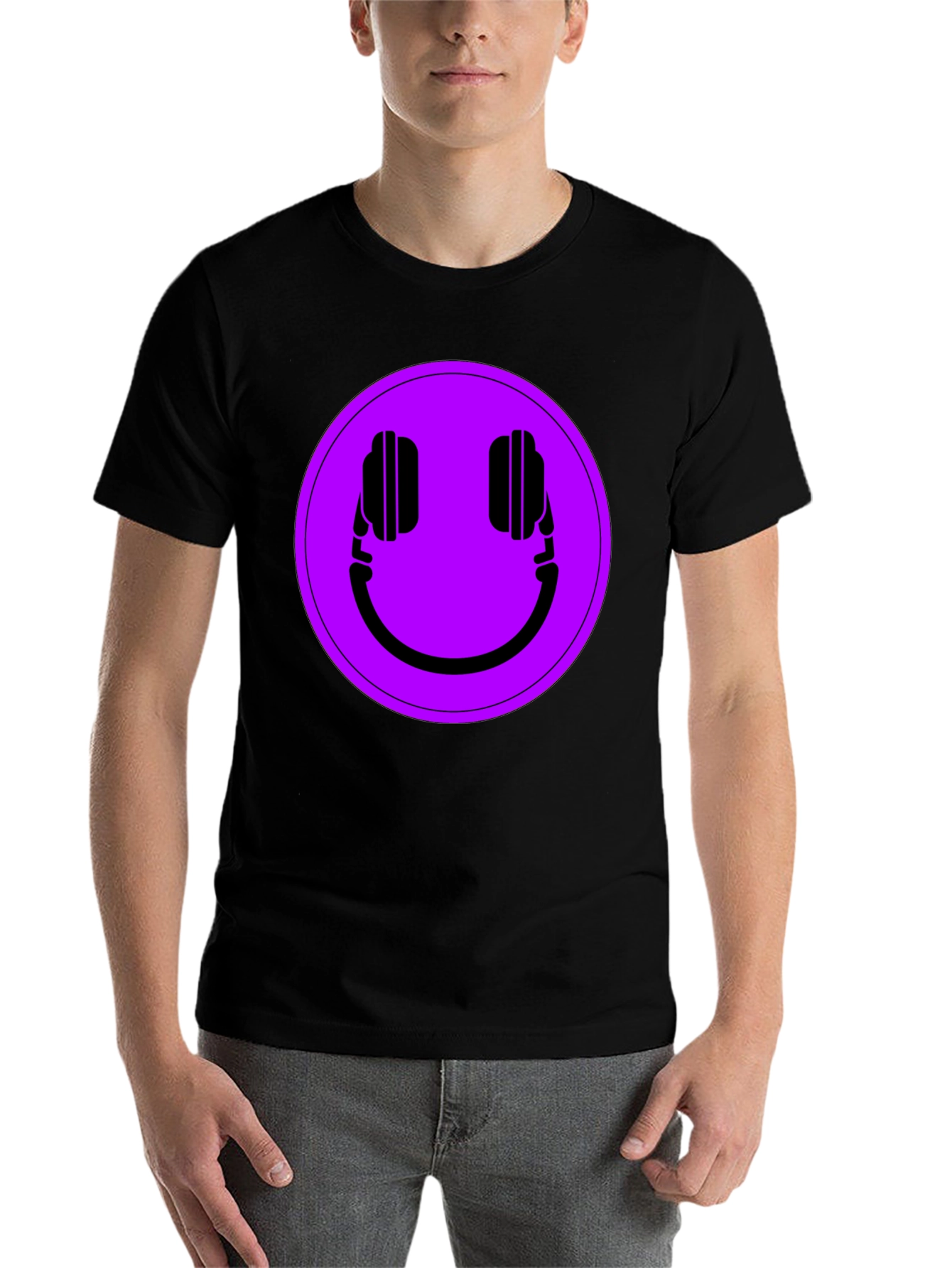 Black Headphone Smiley T-Shirt - Black Casual Tee view 7