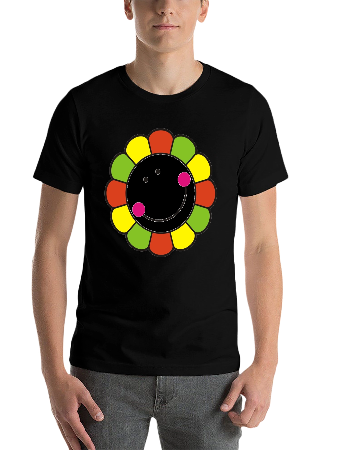 Black Funky Flower Smiley Black T-Shirt view 7