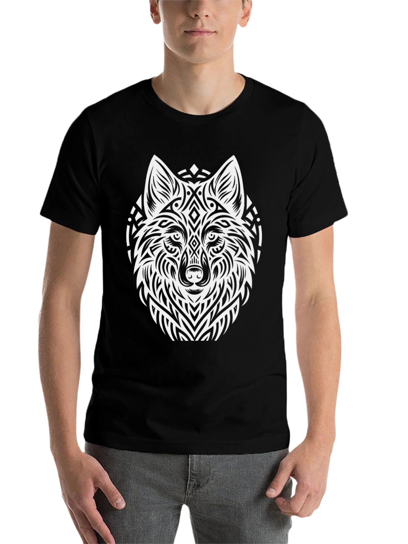 Black Tribal Wolf Graphic T-Shirt - Black view 7