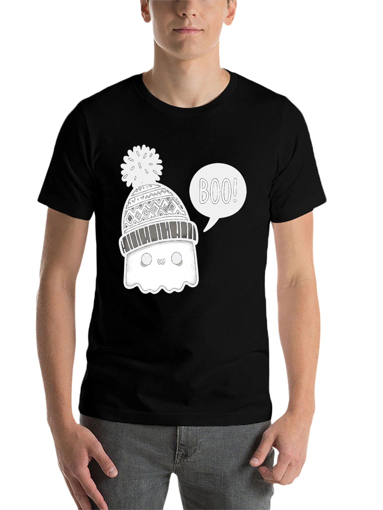 Black Boo Ghost Winter Hat T-Shirt view 7