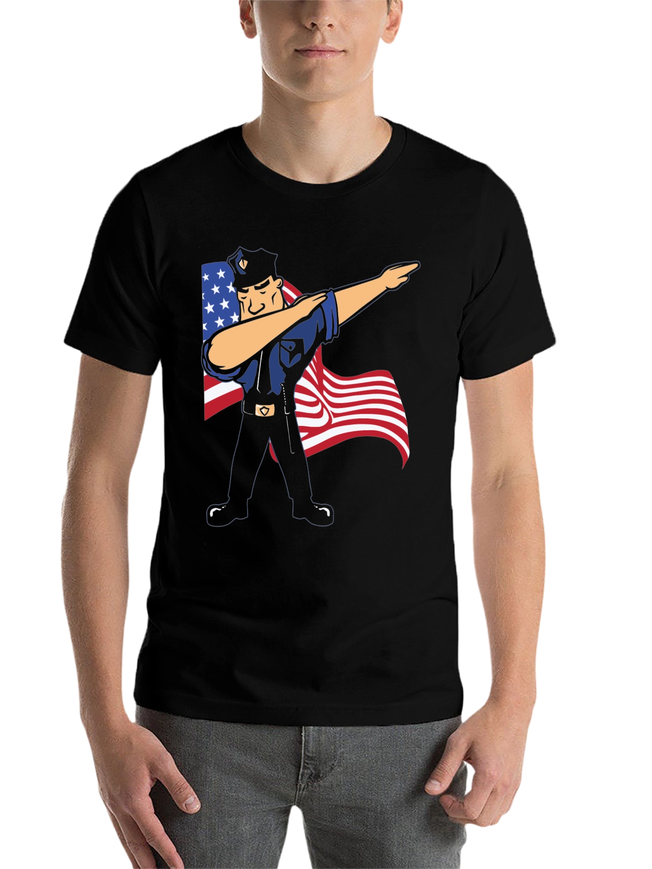 Black Police Officer Dabbing USA Flag Patriotic T-Shirt view 7