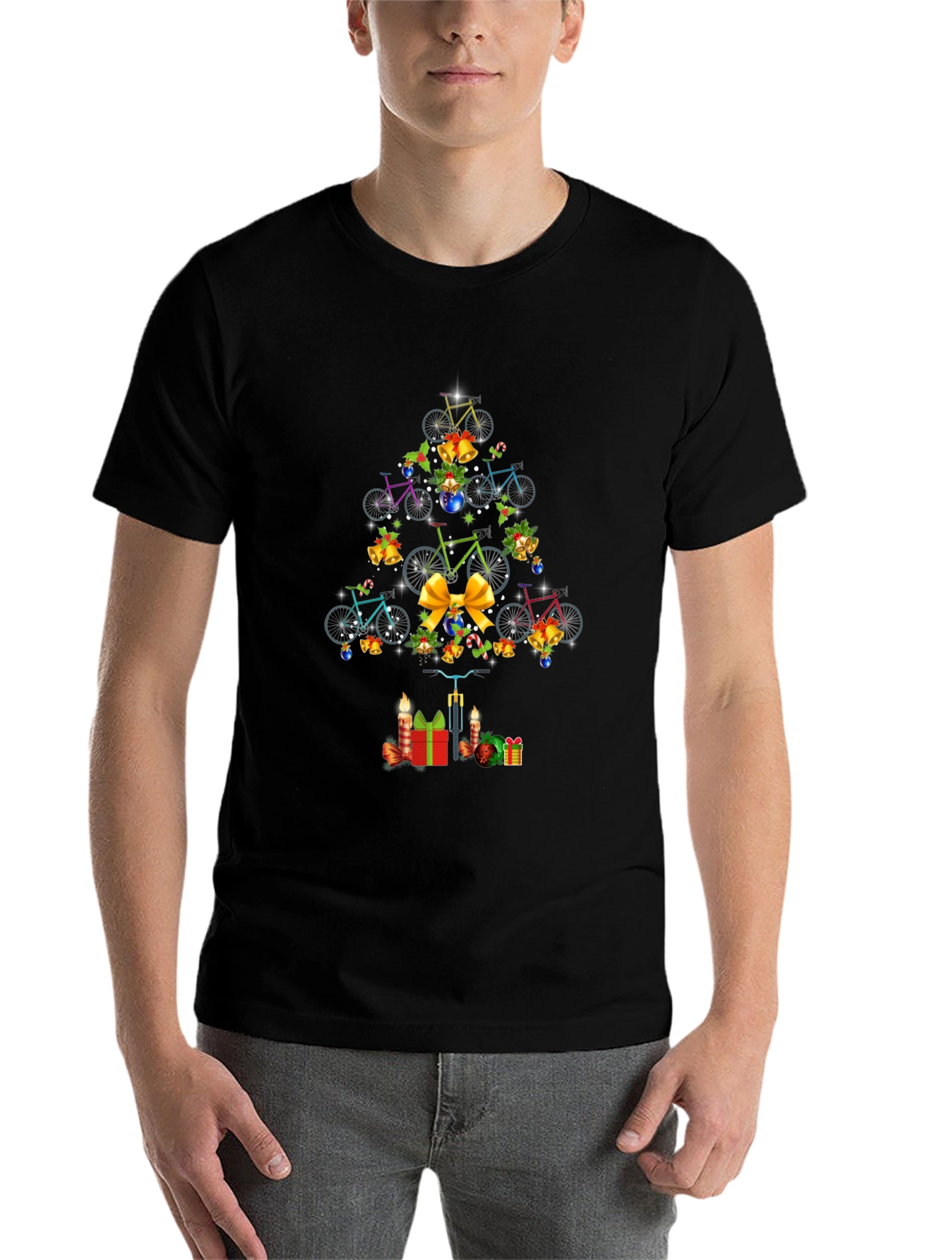 Black Christmas Bicycle Tree T-Shirt view 7