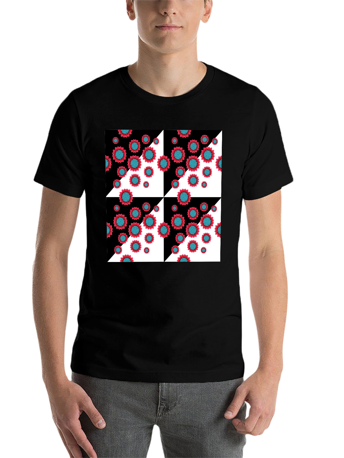 Black Floral Pattern Black T-Shirt view 7