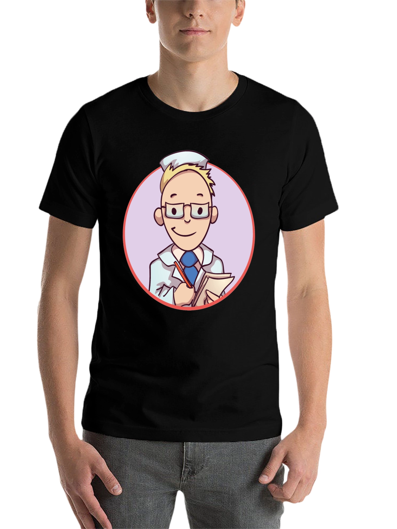 Black Cartoon Doctor Graphic Tee - Unisex Black T-Shirt view 7
