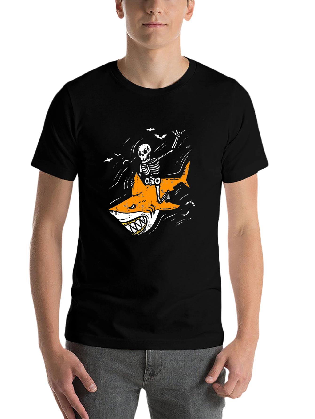 Black Skeleton Riding Shark Graphic Tee - Halloween Shirt view 7
