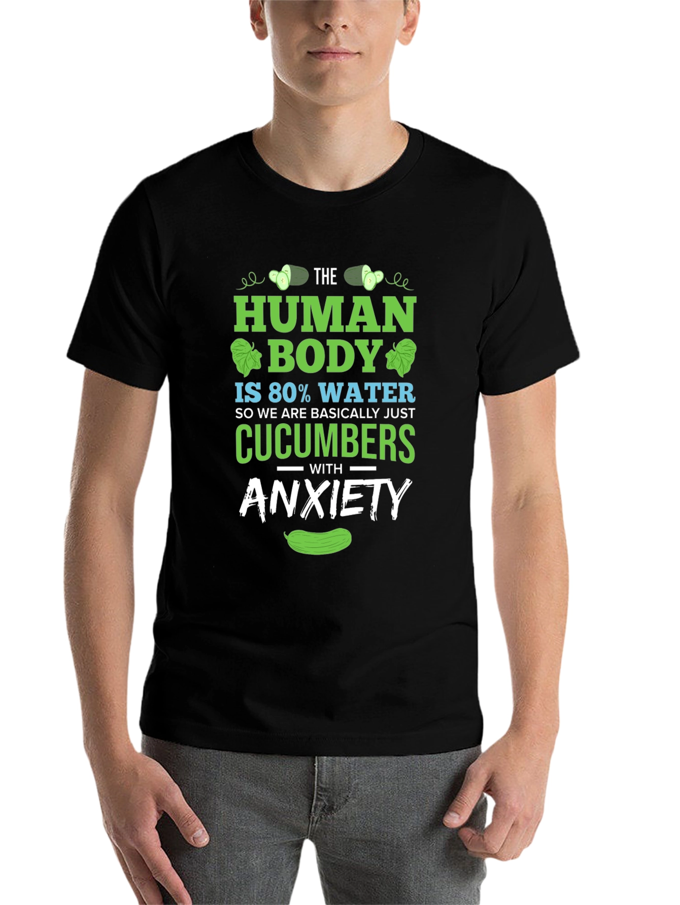 Black Human Body Cucumber Anxiety Funny T-Shirt view 7