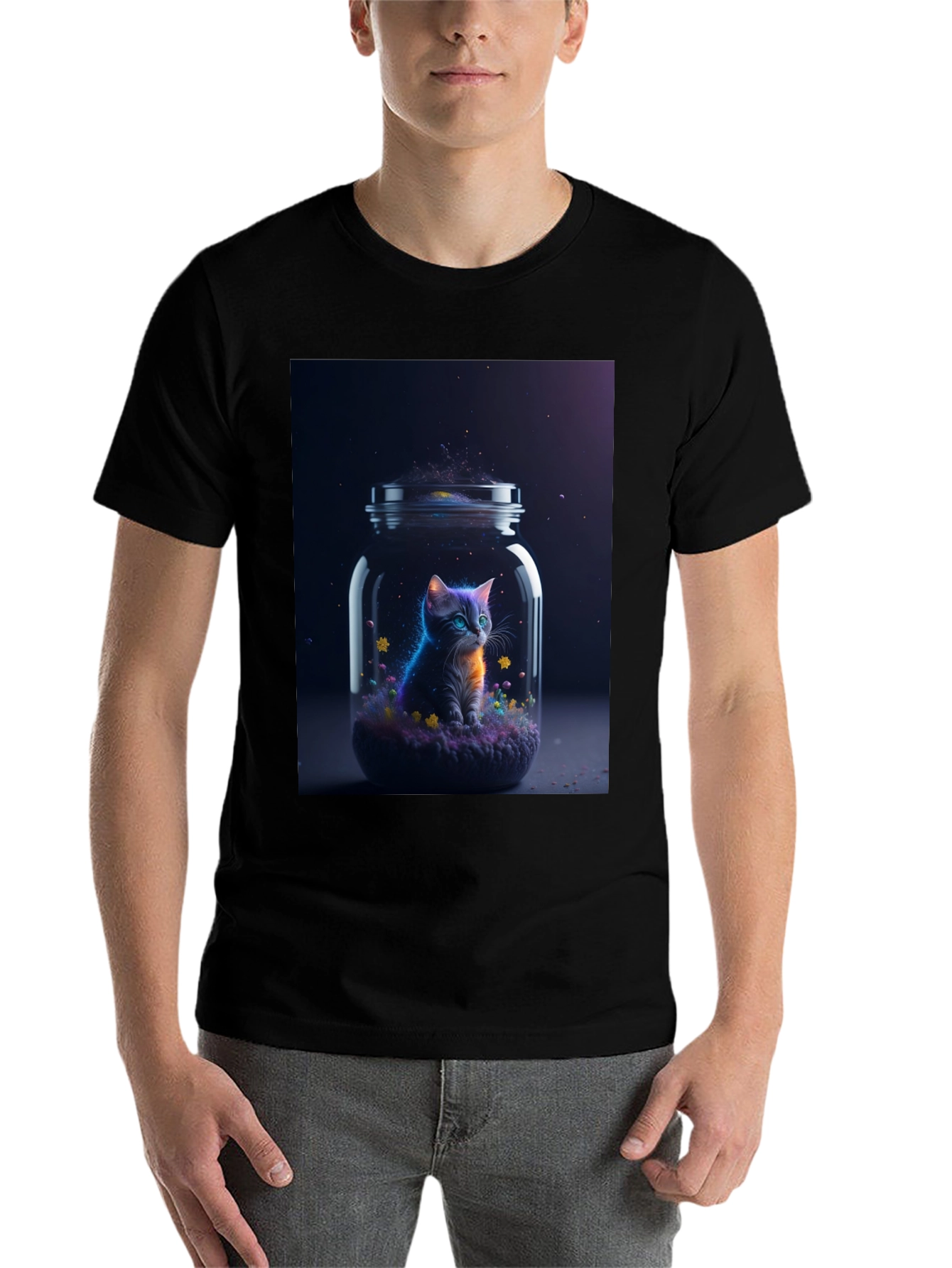 Black Cosmic Cat T-Shirt - Galaxy Kitten in a Jar view 7