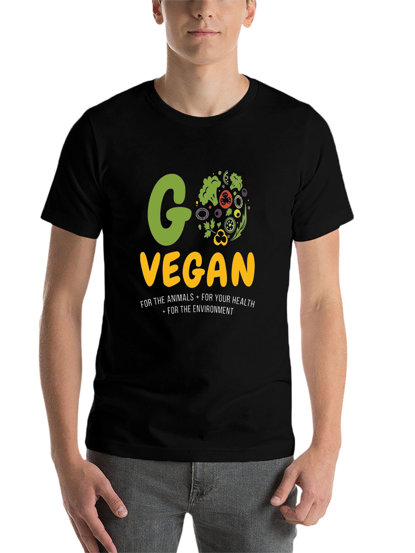 Black Go Vegan Black T-Shirt - Animals, Health, Environment! view 7