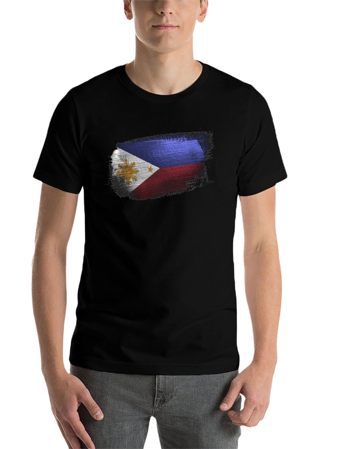 Black Men's Black T-Shirt with Filipino Flag Design view 7