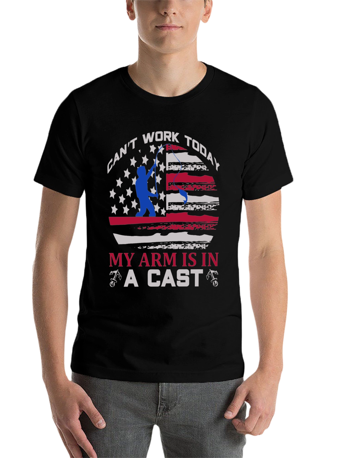 Black Funny Fishing T-Shirt - Can't Work Today - Arm in a Cast view 7