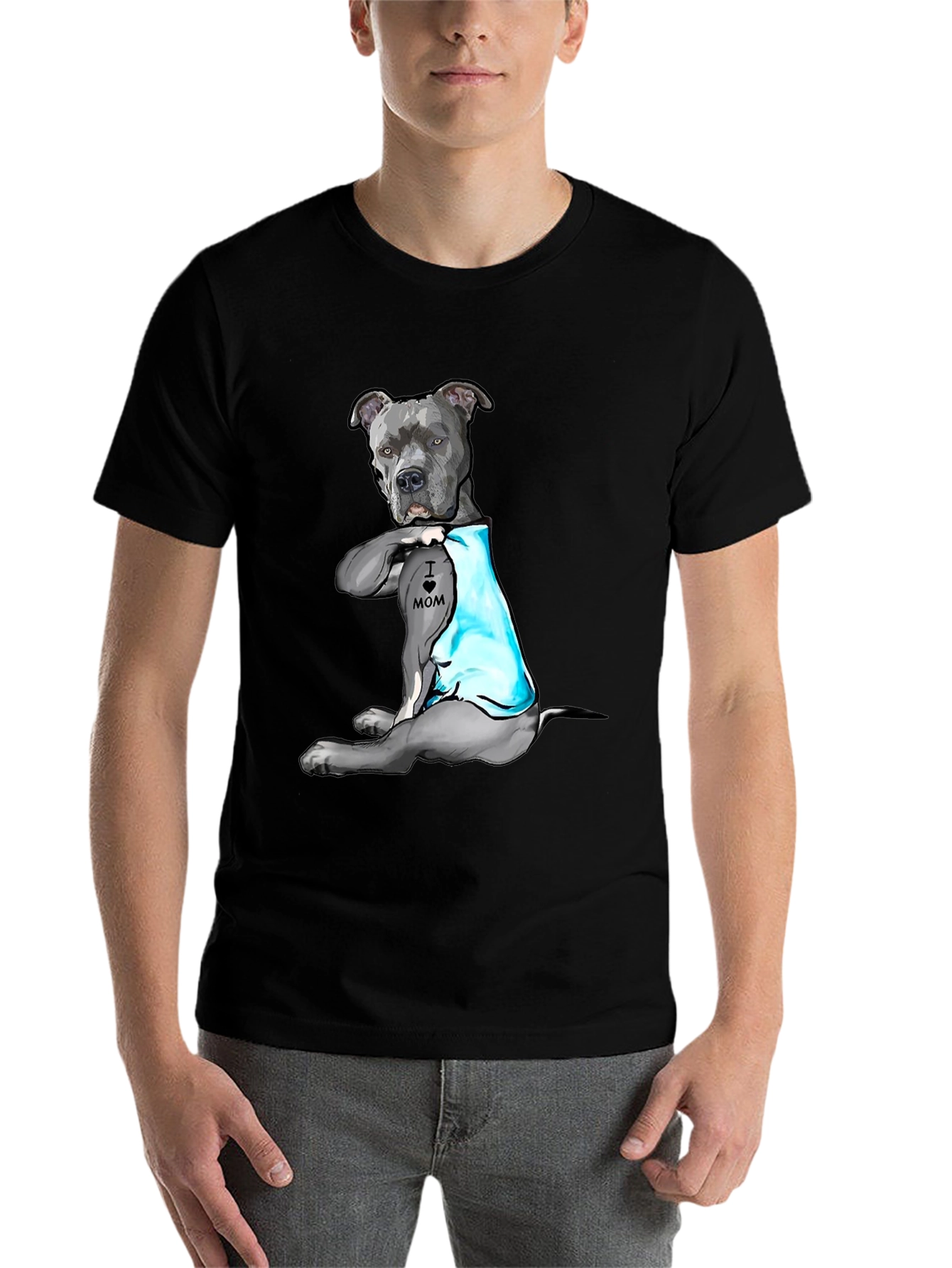 Black Dog Lover T-Shirt: 'I Heart Mom' Pitbull Design view 7